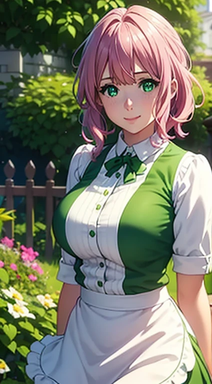 Cute girl,big sized boobs, green colour clothes, white apron, green eyes and pink hair, short skirt, ultra realistic eyes , sunlight and garden background, bright purple eyes, ultra realistic detailed eyes, innocent eyes, looking at camera, beautiful smile, beautiful face,pink colour hair