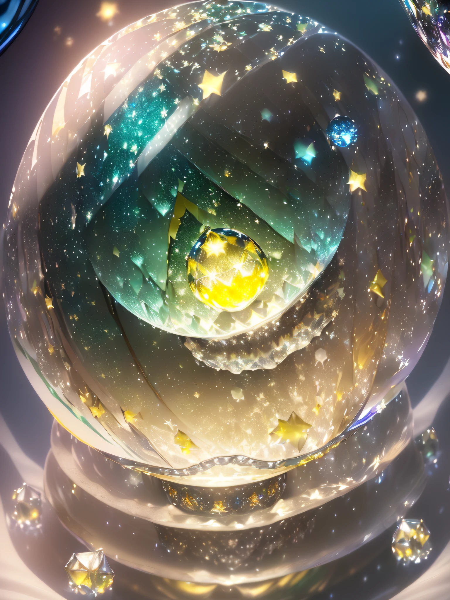 Hyper-realistic、16K High Resolution、(Maximum Sharp Focus:1.3)、(Maximum Close-up:1.5)、(Twinkling stars of the universe trapped in a crystal ball on a pedestal on a table々々:1.7)、(White fog、green leafs、Yellow shimmer、blue back light、springtime:1.5)、