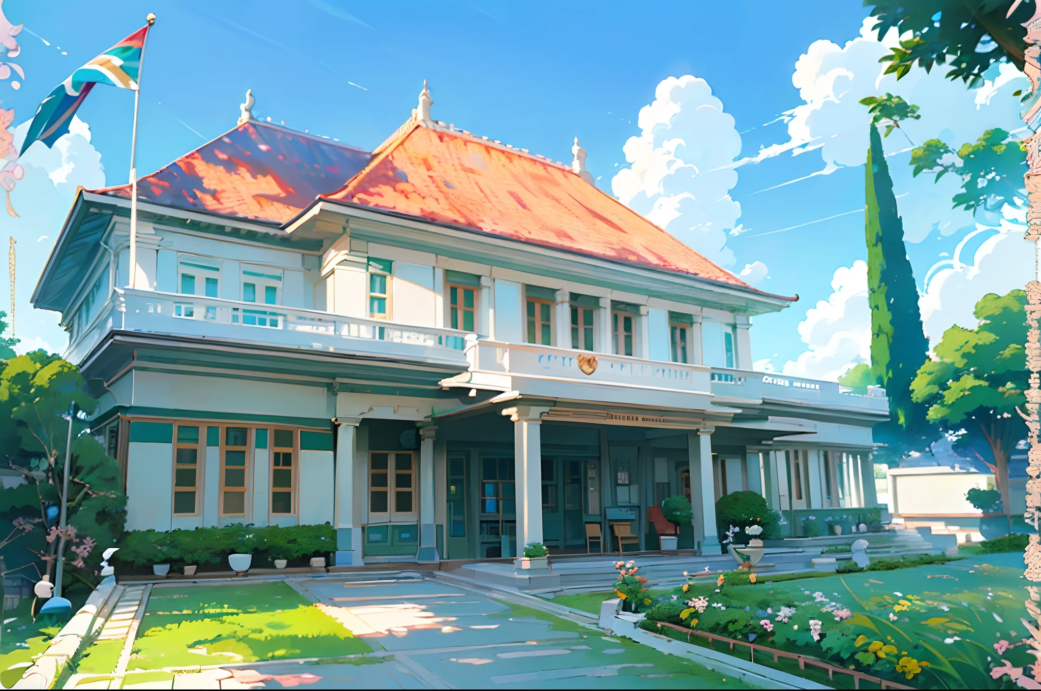 (simple coloring, line art, ghibli, ghibli scene, ghibli art style), (anime style background, anime background illustration:1.3), (high quality, high resolution, masterpiece), blue sky, (a white building), large yard, balcony, a flag, afternoon hour, neoclassical house, colonial style building, a large house, front view, low camera angle,