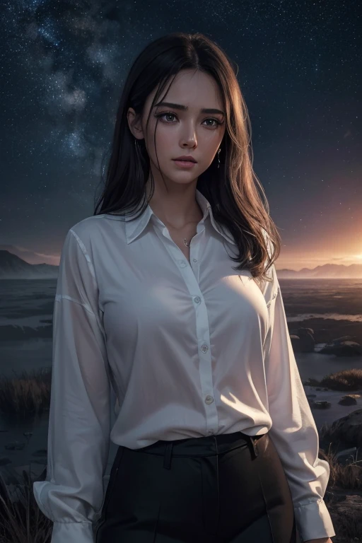 (best quality,4k,8k,highres,masterpiece:1.2),ultra-detailed,(realistic,photorealistic,photo-realistic:1.37),young adult female,beautiful detailed eyes,beautiful detailed lips; intense eye contact; looking into viewers eyes and pleading;,extremely detailed face; pained expression;long eyelashes,feeling remorseful,crying her heart out; flowing tears,wanting to amend things,feeling desperate and desolate,gentle hand gesture,star-studded night sky background,emotional and sad painting style,vivid colors,dramatic lighting,cold color tone,misty atmosphere; wearing a white shirt and black trousers