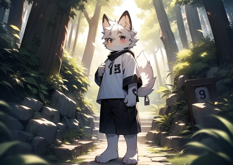Libido boy,furry wolf,((Shota)), Black and white hair, Very good figure, Handsome,adolable, Light:Extreme light and shadow, Reflective skin,Reddish skin,((worn-out clothing,Commoner)) ,((Deep in the forest,Stone path,Signs,独奏,solo person)),Outdoor sunset,((the detail)),(depth of fields),standing on your feet