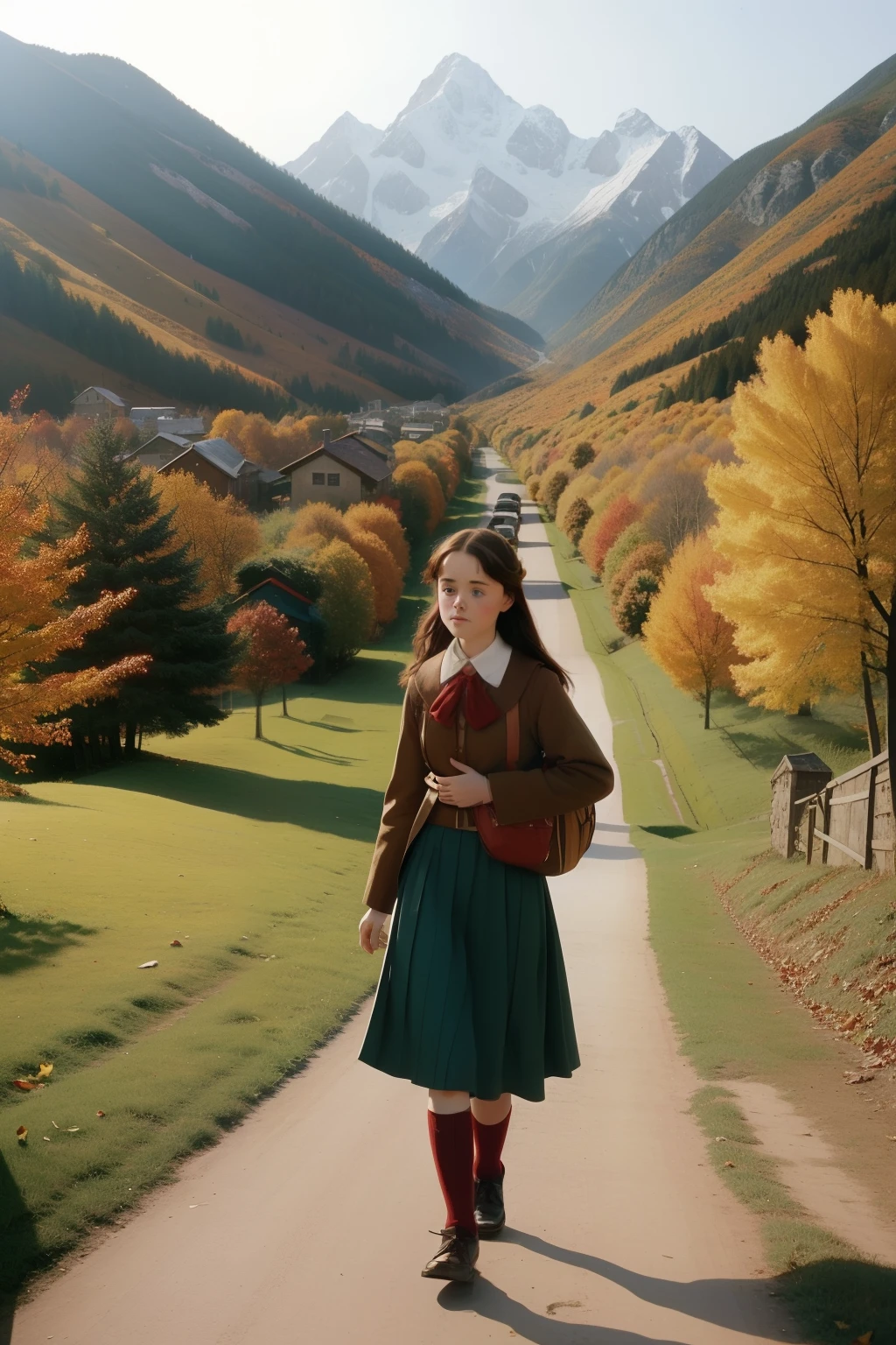 Year: ((2003)). Location: Mountain village. Pre-raphaelite -yeld Als Bledel, walking to school, autumn, ((("OMITB" cinematography))), (Wes Anderson style)