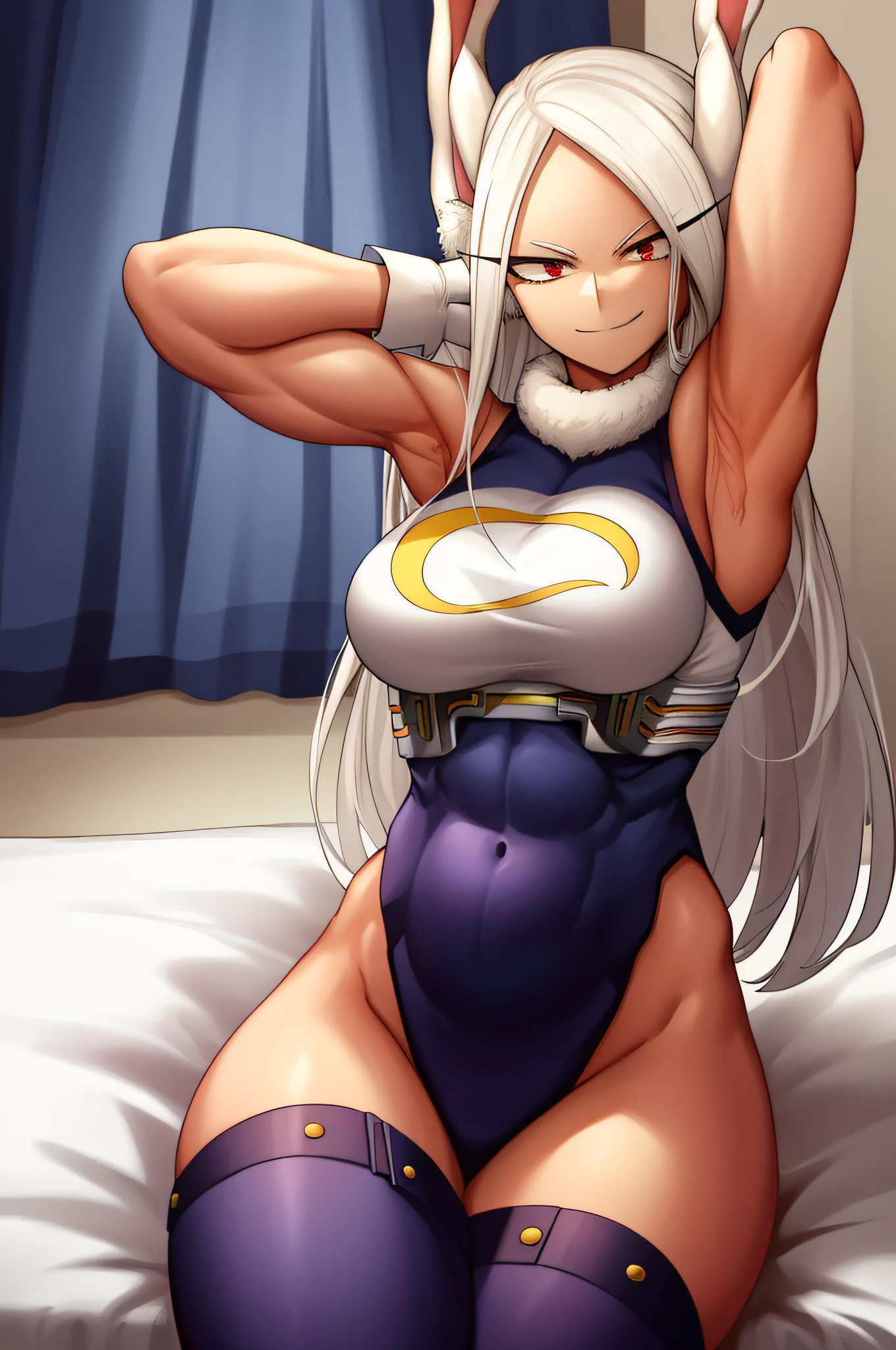 scan, (extremely detailed CG unity 8k wallpaper:1.1), highres, (1girl), mirkomha, boku no hero academia, rabbit ears, ((dark-skinned female)), ((dark skin)), red eyes, sleeveless, white gloves, highleg leotard, (white hair, long hair), large breasts, fur collar, purple thighhighs, white leotard, night, looking at viewer, smirk, house, bed, muscular, muscle, belly, armpits
