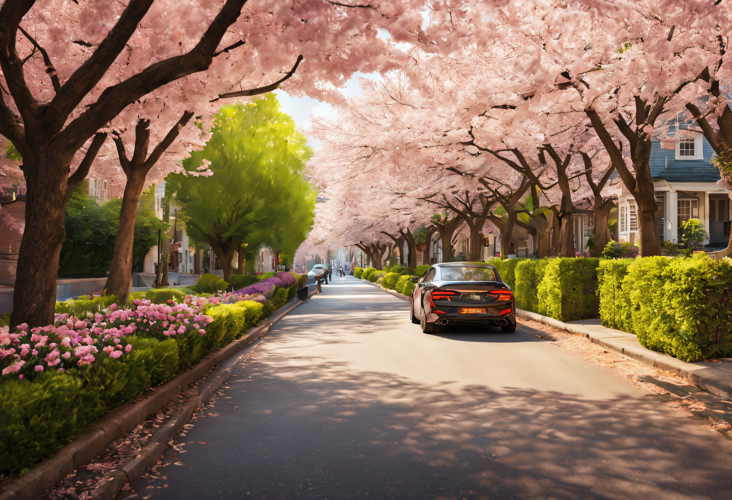 (best quality,highres:1.2,ultra-detailed,realistic:1.37),professional photograph,street view,cherry trees,both sides,traffic,diverse cars,lush greenery,vibrant blossoms,springtime scene,colorful petals,beautiful sunlight,flourishing trees,pedestrians walking,bustling atmosphere,cityscape backdrop,natural beauty,photographers capturing the moment,lively street scene,scenic landscape,serene ambiance,tranquil setting,perfect composition，balanced lighting,dynamic angles,soft focus on blossoms,crisp details,rich colors,artistic depth-of-field,city life,urban charm