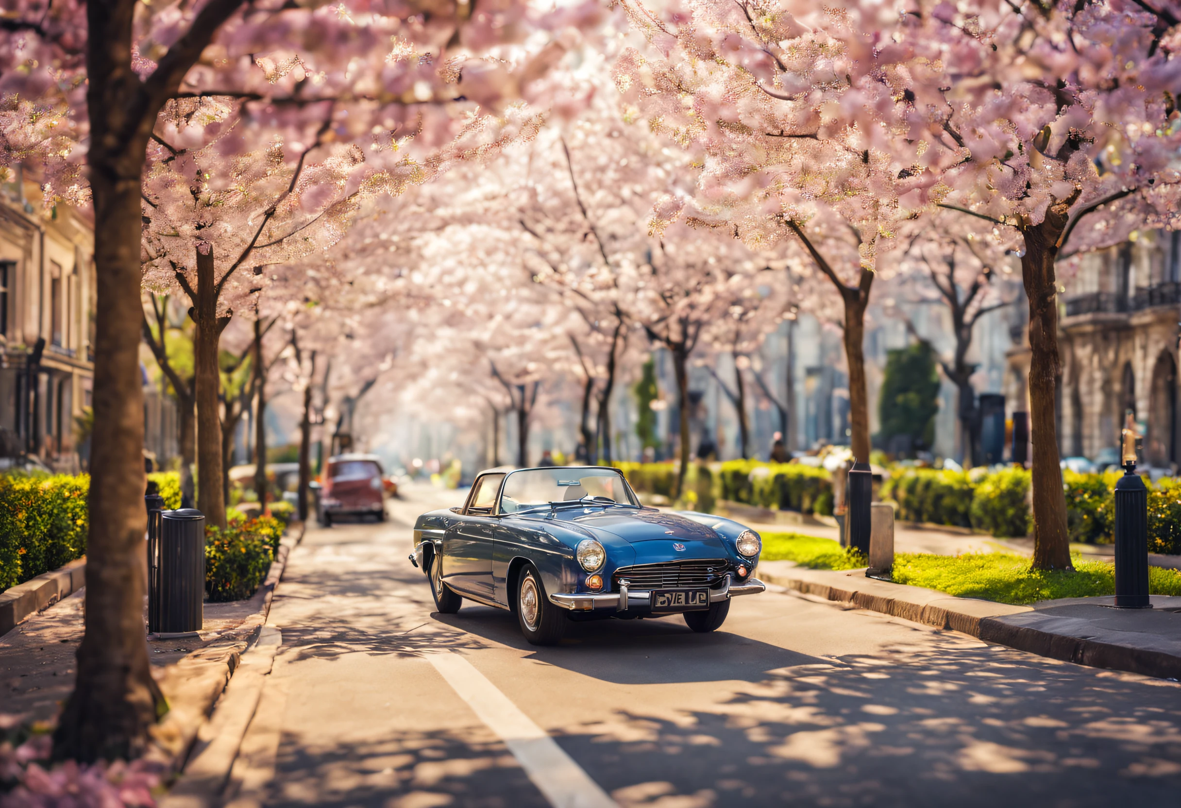 (best quality,highres:1.2,ultra-detailed,realistic:1.37),professional photograph,street view,cherry trees,both sides,traffic,diverse cars,lush greenery,vibrant blossoms,springtime scene,colorful petals,beautiful sunlight,flourishing trees,pedestrians walking,bustling atmosphere,cityscape backdrop,natural beauty,photographers capturing the moment,lively street scene,scenic landscape,serene ambiance,tranquil setting,perfect composition，balanced lighting,dynamic angles,soft focus on blossoms,crisp details,rich colors,artistic depth-of-field,city life,urban charm