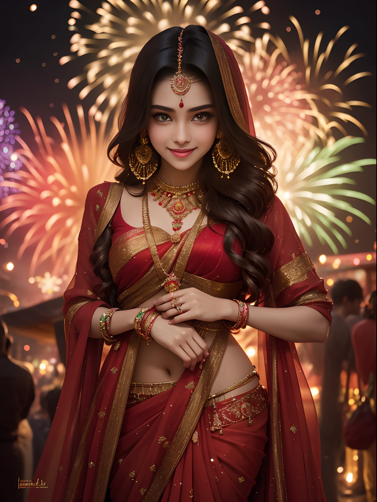 In the enchanting glow of Diwali, the streets come alive with a kaleidoscope of lights and the rhythmic flicker of earthen lamps. Amidst this magical splendor, a mesmerizing sight awaits. A resplendent young woman, draped in a vibrant red saree, stands as the epitome of grace and elegance. The intricate details of her ensemble shimmer softly, reflecting the warm hues of the festive lights around her and fireworks in the sky, With each step, she brings an aura of joy and celebration, her presence illuminating the entire street with a radiance that rivals the brightest fireworks. As she embraces the spirit of Diwali, her infectious smile lights up not only the scene but also the hearts of all who witness her ethereal beauty.