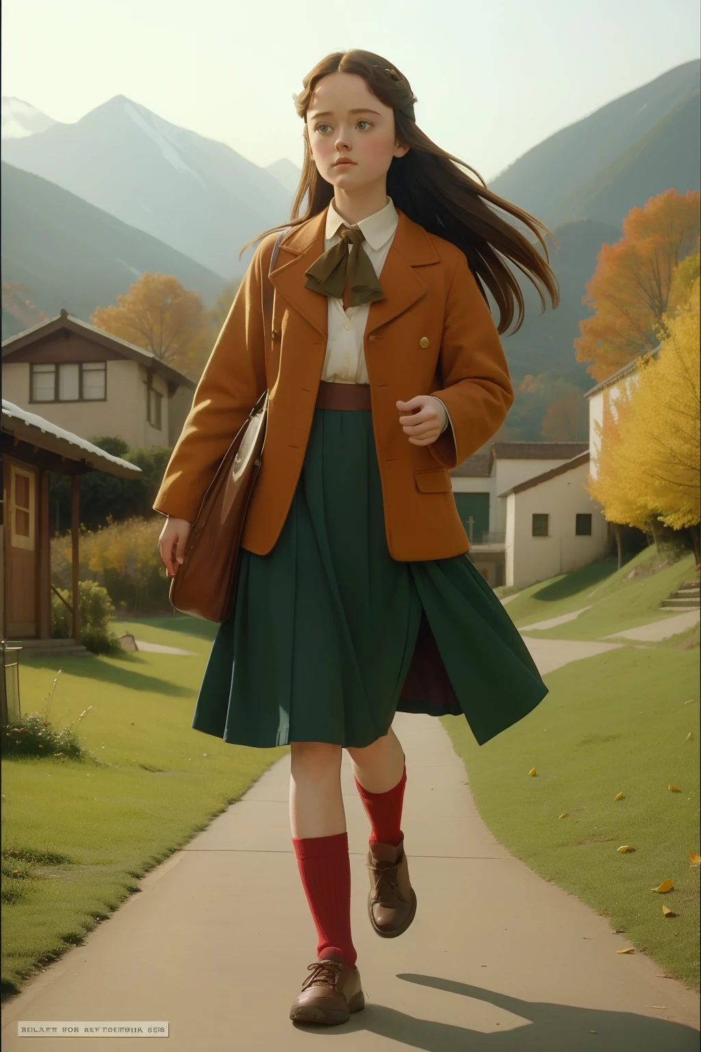Year: ((2003)). Location: Mountain village. Pre-raphaelite 16-year-old Alexis Bledel, walking to school, autumn, casual clothes, ((("OMITB" cinematography))), ((Wes Anderson style))