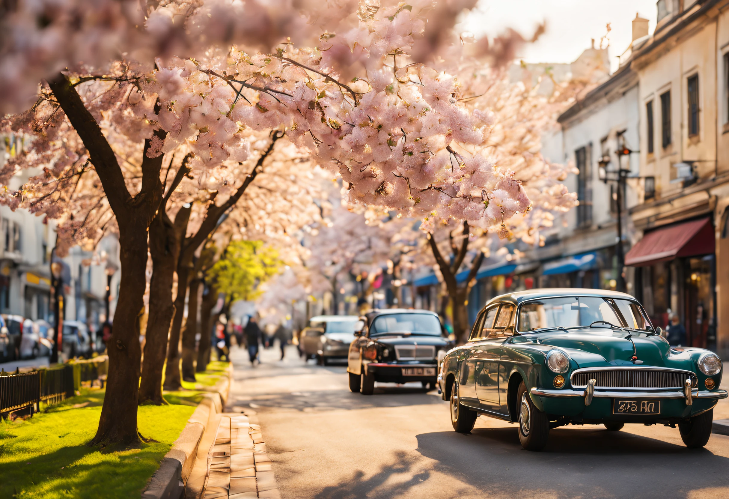 (best quality,highres:1.2,ultra-detailed,realistic:1.37),professional photograph,street view,cherry trees,both sides,traffic,diverse cars,lush greenery,vibrant blossoms,springtime scene,colorful petals,beautiful sunlight,flourishing trees,pedestrians walking,bustling atmosphere,cityscape backdrop,natural beauty,photographers capturing the moment,lively street scene,scenic landscape,serene ambiance,tranquil setting,perfect composition，balanced lighting,dynamic angles,soft focus on blossoms,crisp details,rich colors,artistic depth-of-field,city life,urban charm