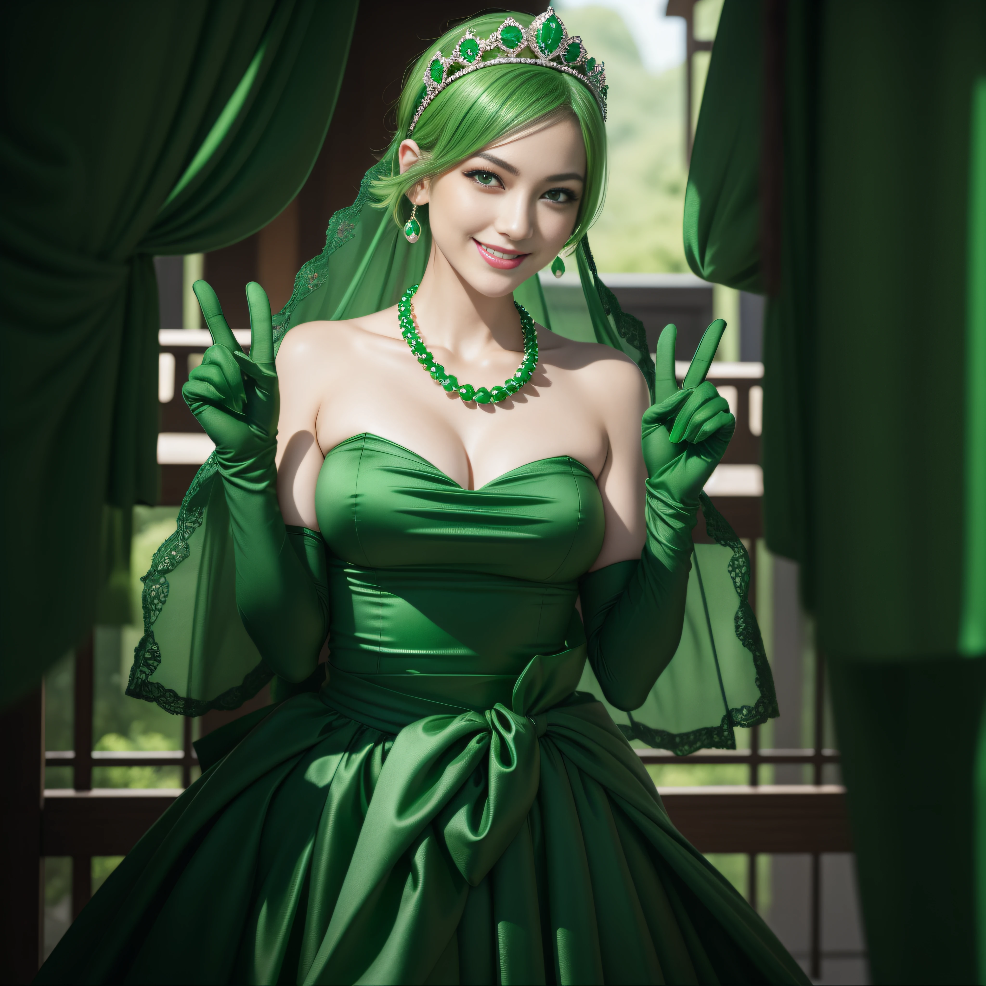 emerald tiara, Green Pearl Necklace, Boyish very short green hair, lipsticks, Japan woman smiling, very short short hair, big breasts beautiful, Green eyes, Long green gloves made of satin material, Green eyes, Emerald Earrings, green vale, v sign