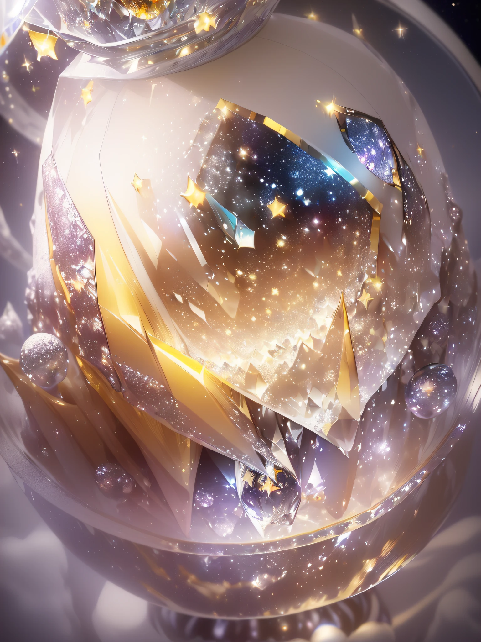 Hyper-realistic、16K High Resolution、(Maximum Sharp Focus:1.3)、(Maximum Close-up:1.5)、(Twinkling stars of the universe trapped in a crystal ball on a pedestal on a table々:1.7)、(White fog、White Dragon、Yellow shimmer、blue back light、springtime:1.5)、