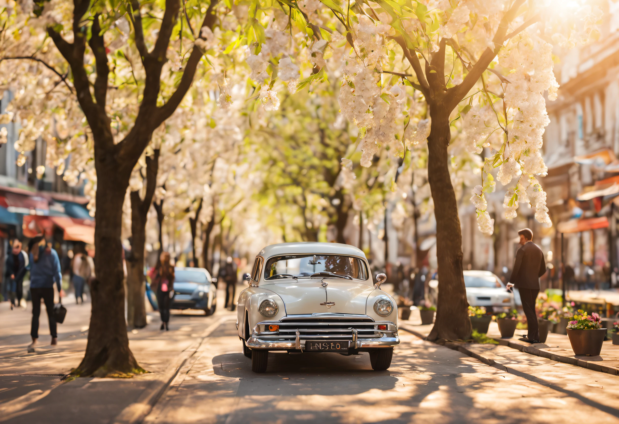 (best quality,highres:1.2,ultra-detailed,realistic:1.37),professional photograph,street view,cherry trees,both sides,traffic,diverse cars,lush greenery,vibrant blossoms,springtime scene,colorful petals,beautiful sunlight,flourishing trees,pedestrians walking,bustling atmosphere,cityscape backdrop,natural beauty,photographers capturing the moment,lively street scene,scenic landscape,serene ambiance,tranquil setting,perfect composition,balanced lighting,dynamic angles,soft focus on blossoms,crisp details,rich colors,artistic depth-of-field,city life,urban charm