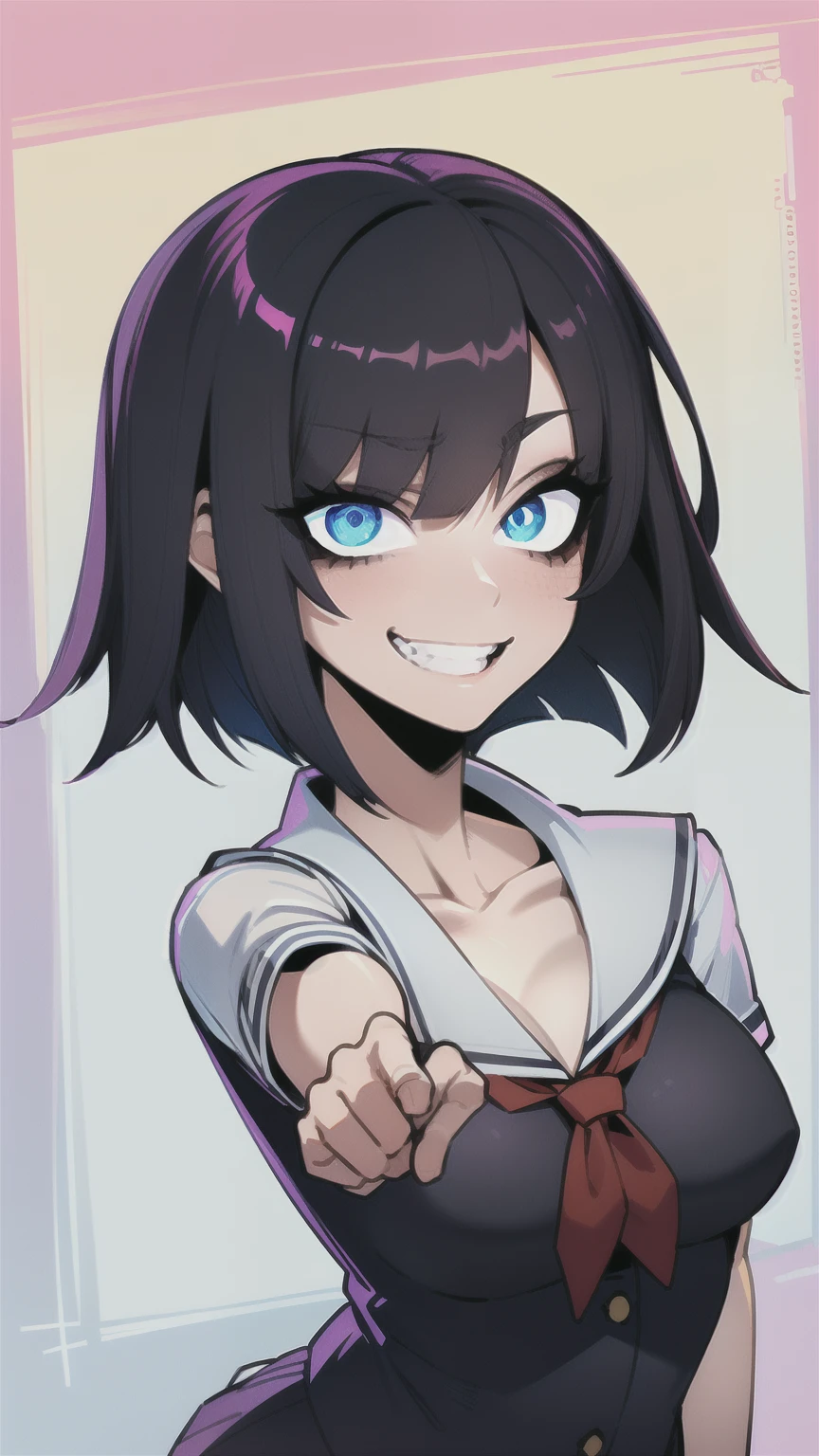 1girl, glowing, glowing eye, short hair, smile, teeth, upper teeth only, ringed eyes, shaded face, school uniform, gradient background, 2d art, splash art, illustration, digital art, best quality, hard shading