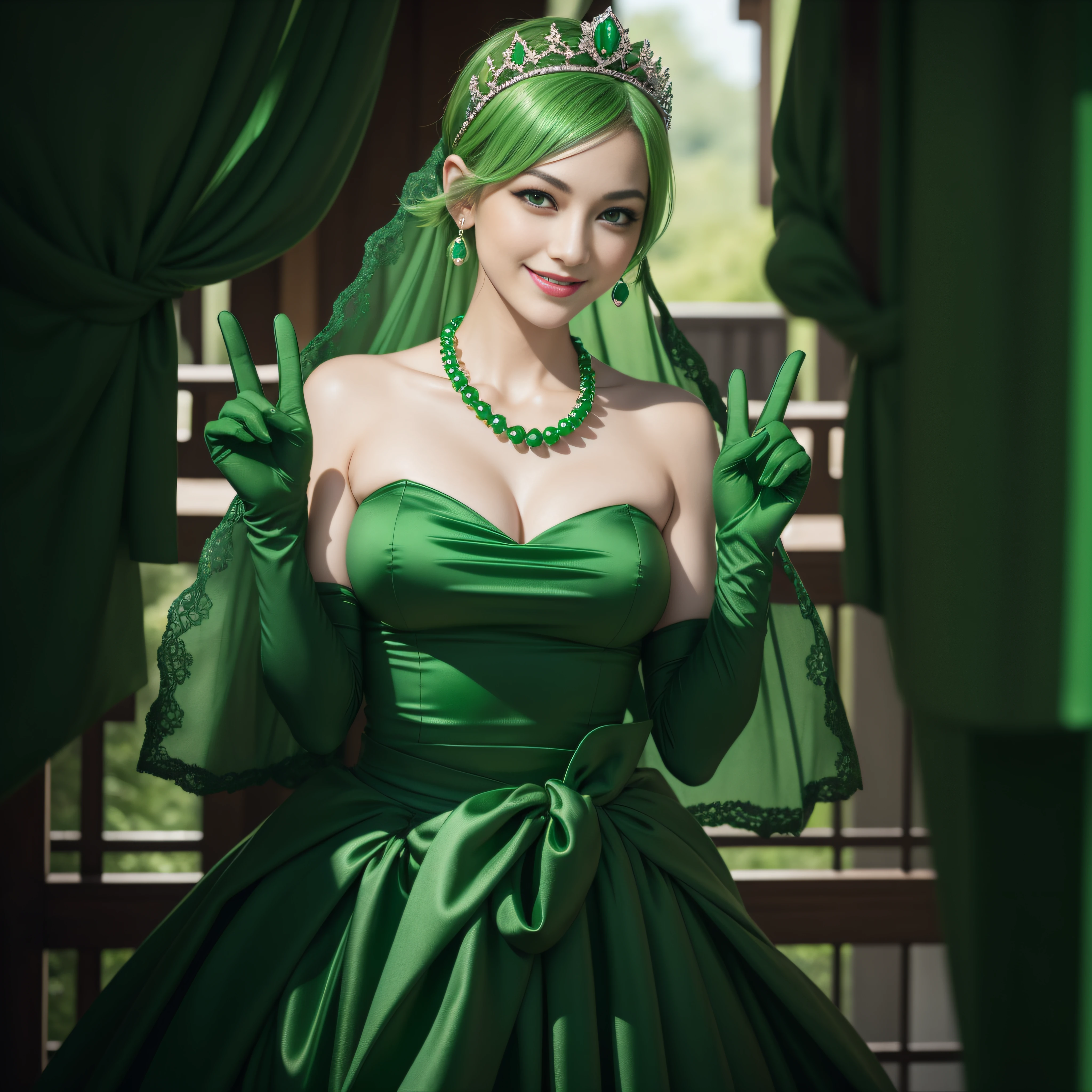 emerald tiara, Green Pearl Necklace, Boyish very short green hair, lipsticks, Japan woman smiling, very short short hair,  big breasts beautiful, Green eyes, Long green gloves made of satin material, Green eyes, Emerald Earrings, green vale, v sign