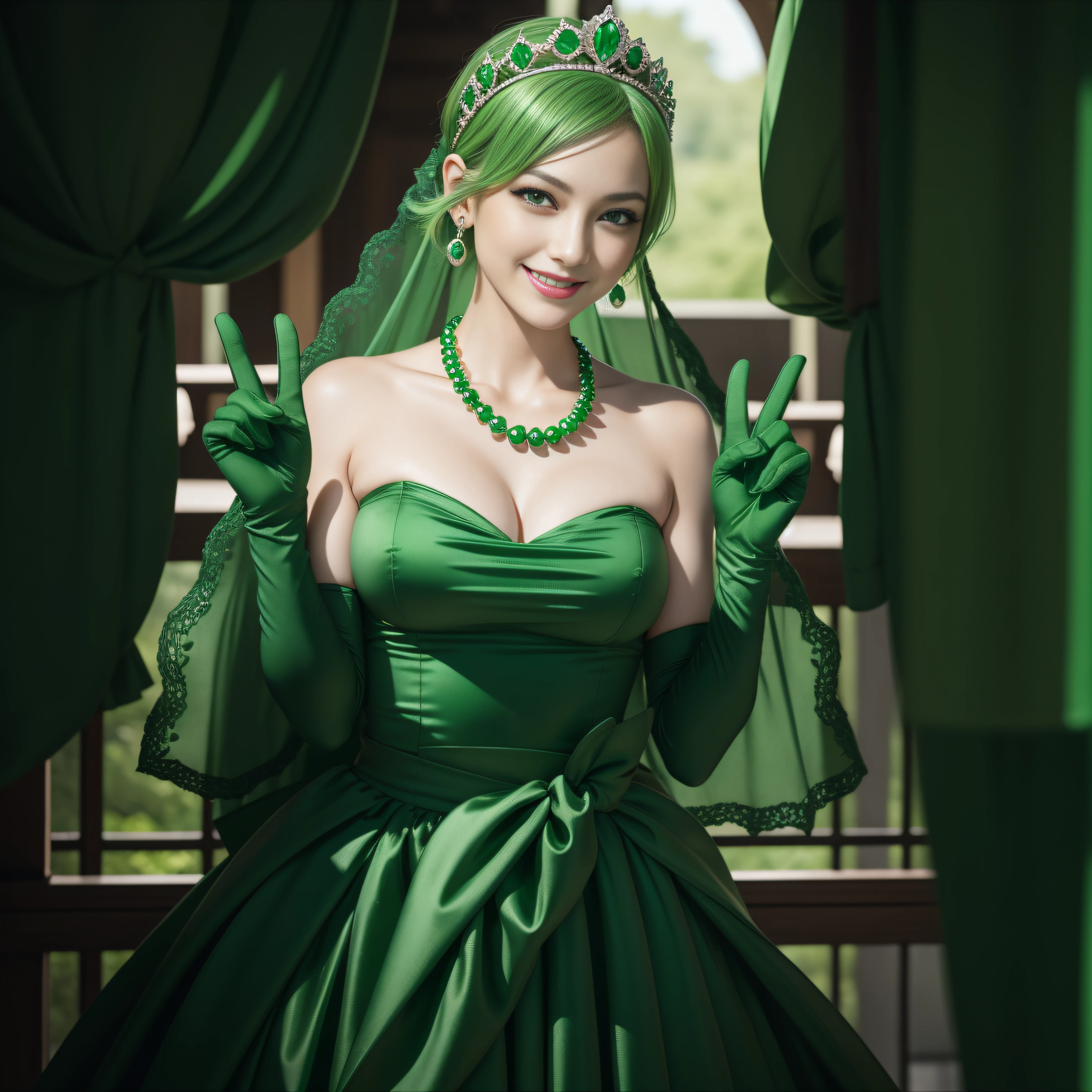 emerald tiara, Green Pearl Necklace, Boyish very short green hair, lipsticks, Japan woman smiling, very short short hair, big breasts beautiful, Green eyes, Long green gloves made of satin material, Green eyes, Emerald Earrings, green vale, v sign