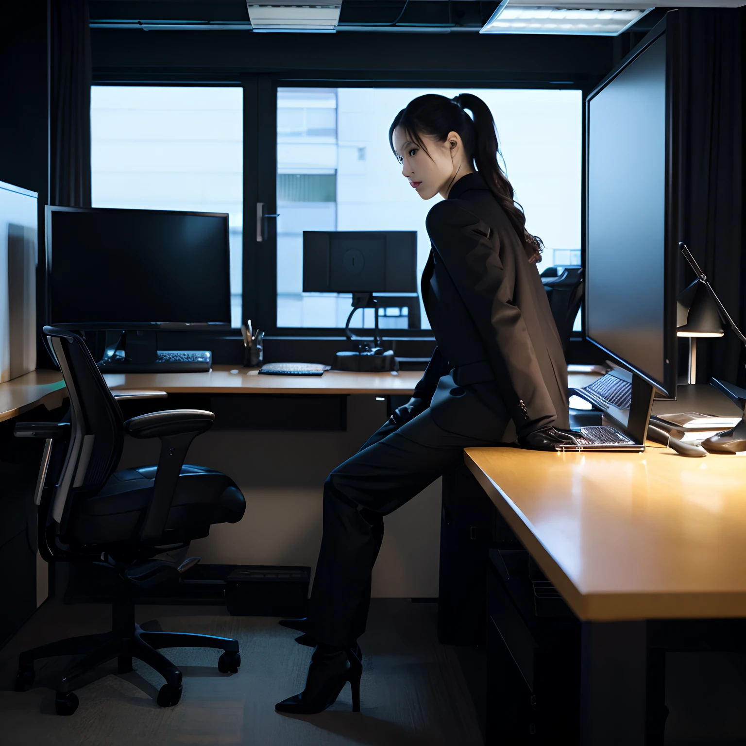 Wearing a black business pantsuit、Office in the Dark、facing a desk、While looking at the screen, tap the keys on the keyboard of the black laptop with the fingertips of the black leather gloves、Sitting on a black leather chair、Black hair ponytail、New beautiful female employee in Japan、Black leather long boots