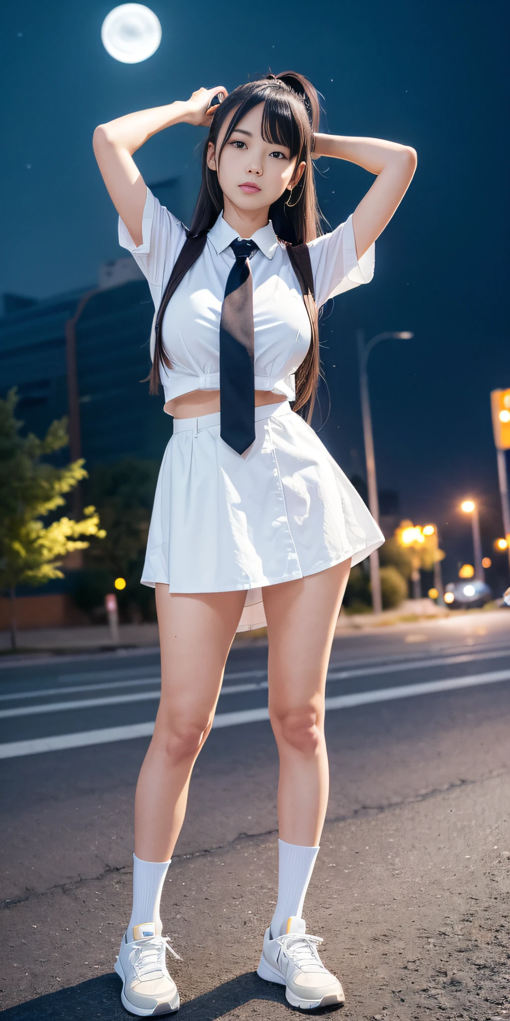 (((professional: step by step, final result god level))): "(Masterpiece, Best Quality), solo 1girl, 24 years old, sirase sakuya, black hair, Long hair, Ponytail, skinny, 50% big breasts, 50% White V collar shirt, 25% plaid miniskirt, tie, Looking at viewer, arms UP, (legs open standing:1.1), , juice, Socks, Shoes, clenched teeth, (frown, blush:1.2), yellow eyes, (street:1.2), (((night sky)))", low front view