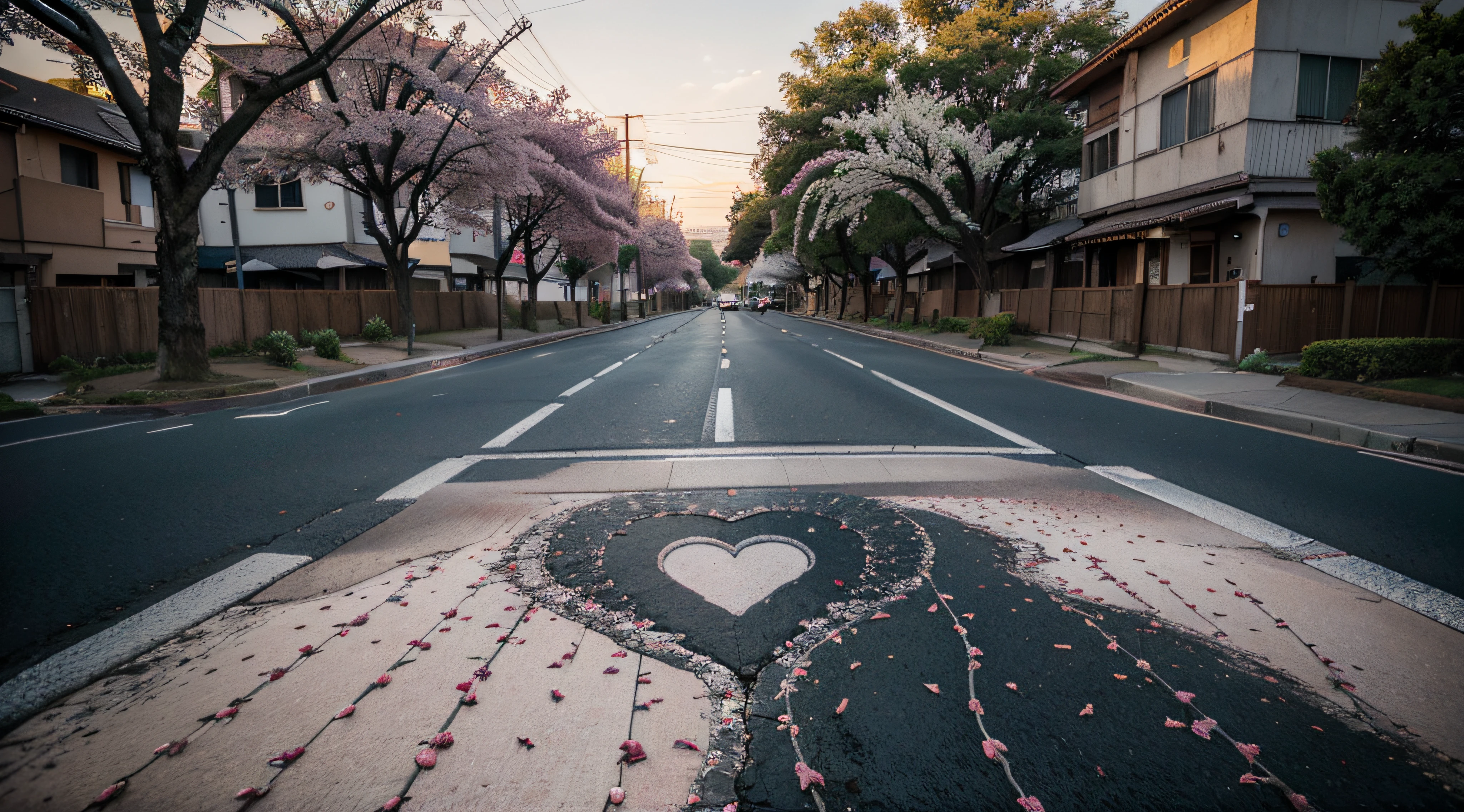 street-art: drawing on the road (tarred) of Japanese cherry trees, embedded in the tar, printing on road. ultra realistic, sharp detail, high resolution, ultra detailed, dreamlike, ethereal, bright colors, bokeh. no human, no car