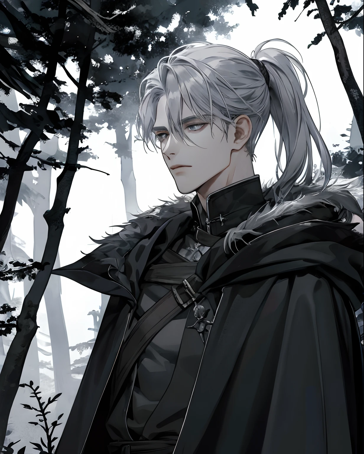 1male, beautiful, silver hair with low ponytail, dark grey eyes, detailed eyes, black cloak, dark sorcerer, rogue mage, alone in a dark forest, depressed, calm, medieval fantasy, wounded  and bleeding , blood magic