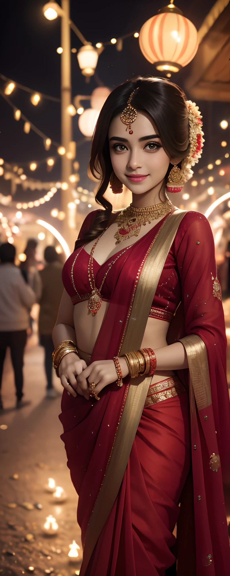 In the enchanting glow of Diwali, the streets come alive with a kaleidoscope of lights and the rhythmic flicker of earthen lamps. Amidst this magical splendor, a mesmerizing sight awaits. A resplendent young woman, draped in a vibrant red saree, stands as the epitome of grace and elegance. The intricate details of her ensemble shimmer softly, reflecting the warm hues of the festive lights around her and fireworks in the sky, With each step, she brings an aura of joy and celebration, her presence illuminating the entire street with a radiance that rivals the brightest fireworks. As she embraces the spirit of Diwali, her infectious smile lights up not only the scene but also the hearts of all who witness her ethereal beauty, ensure the full body portrait,