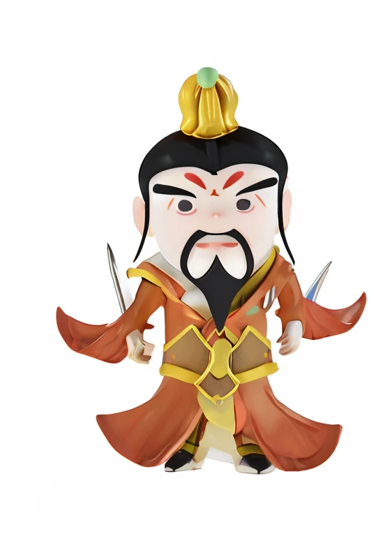 three kingdom,Liu Bei,Crown on head,Armed with two swords,Orange-red clothes