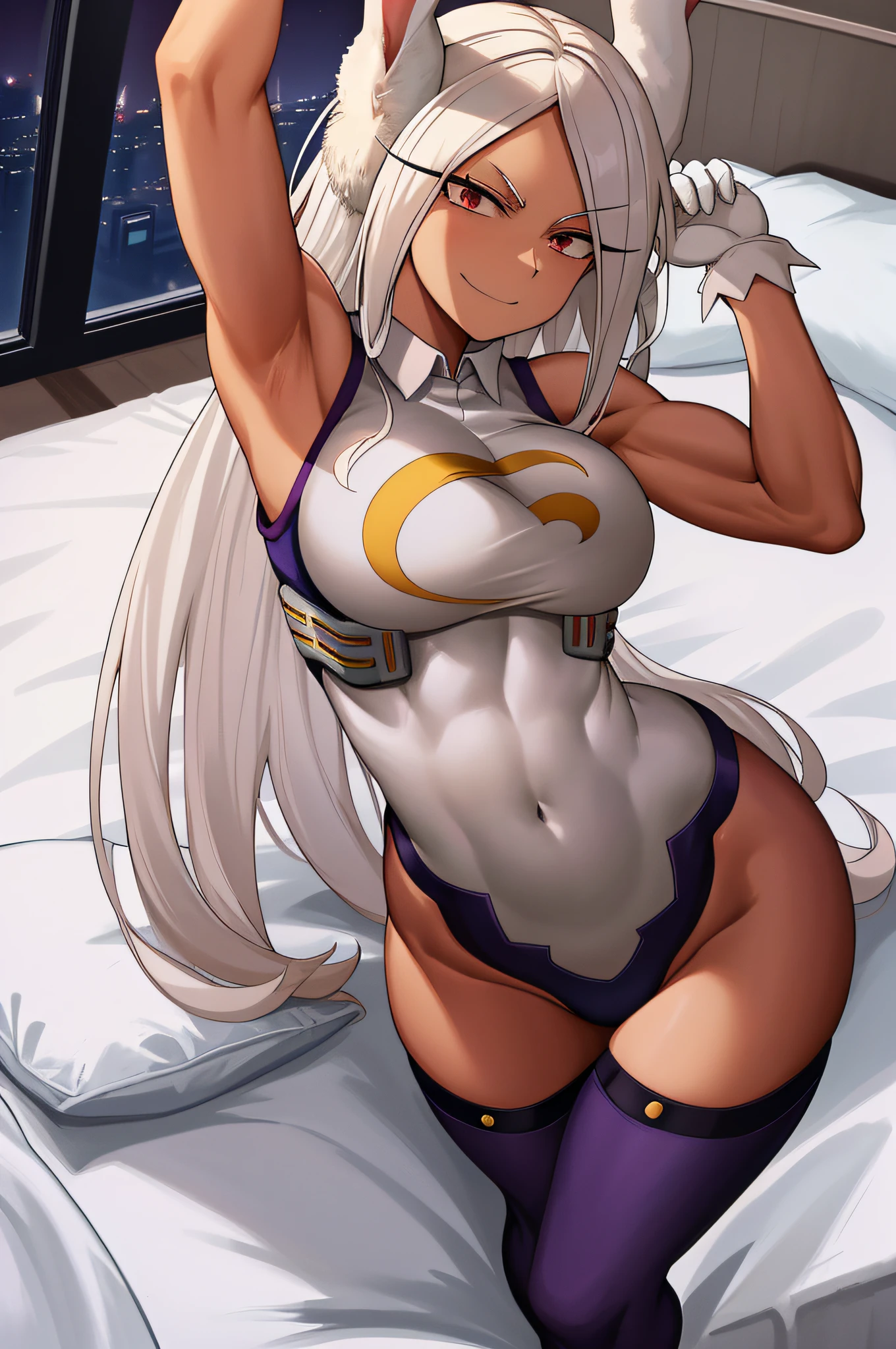 scan, (extremely detailed CG unity 8k wallpaper:1.1), highres, (1girl), mirkomha, boku no hero academia, rabbit ears, ((dark-skinned female)), ((dark skin)), red eyes, sleeveless, white gloves, highleg leotard, (white hair, long hair), large breasts, fur collar, purple thighhighs, white leotard, night, looking at viewer, smirk, house, bed, muscular, muscle, belly, armpits