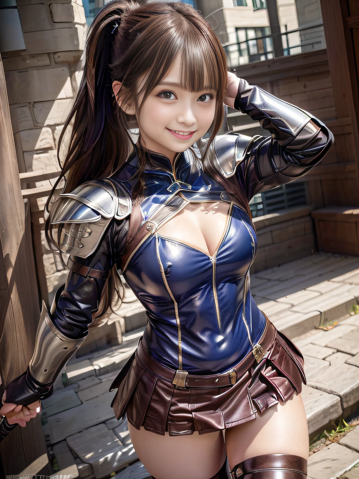 (top-quality:1.32), (The ultra -The high-definition:1.4), (hight resolution: 1.3), (CG Unity 8k wallpapers:1.2), (Detailed eyes and skin:1.35), (detailed facial features:1.25), (Detailed pupils:1.36), precise and perfect human body structure, (Textured skin: 1.26), high-level image quality、large filesize、fulcolor、Low noise、
(Photorealistic, Many award-winning photos: 1.27), depth of fields, Shading by sunlight、
Show white teeth and smile, cleavage of the breast, large full breasts, Attractive thighs, abdominals,
(poneyTail: 1.47), Brown hair, (Blue eyes: 1.28), thick bangs, Blue Ribbon,
((Western armor:1.2)), a miniskirt、White panty、The part peeking out of the skirt、Spear in hand, Multiple males attacking, Female Warrior Wielding Weapon, combat scene, battle field,