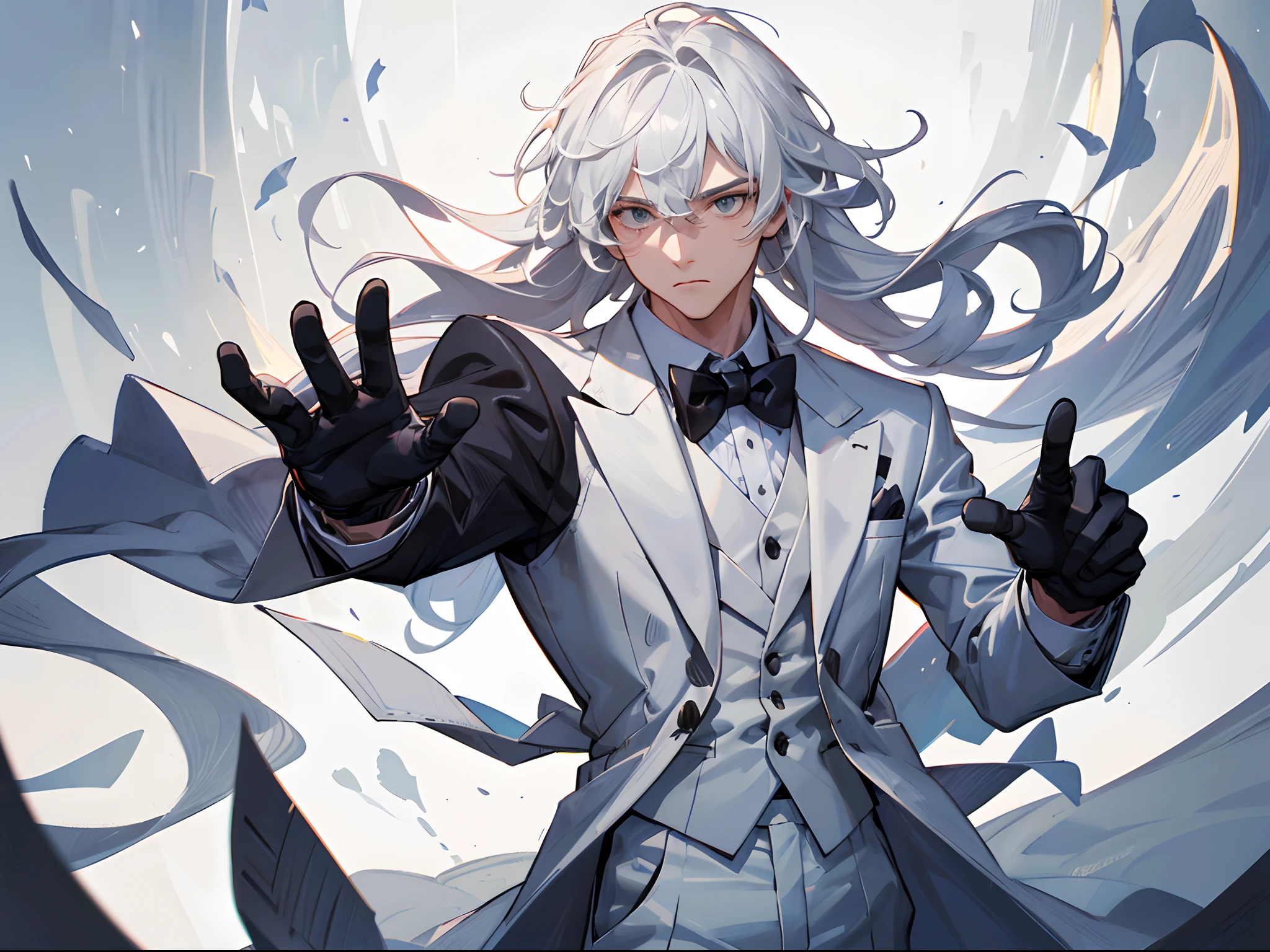A boy with white messy hair, black bowtie, white suit, black gloves, male(masterpiece, best quality, hires, high quality, by professional artist, ultra detailed, extremely detailed, absurdres, incredibly resolution:1.2)