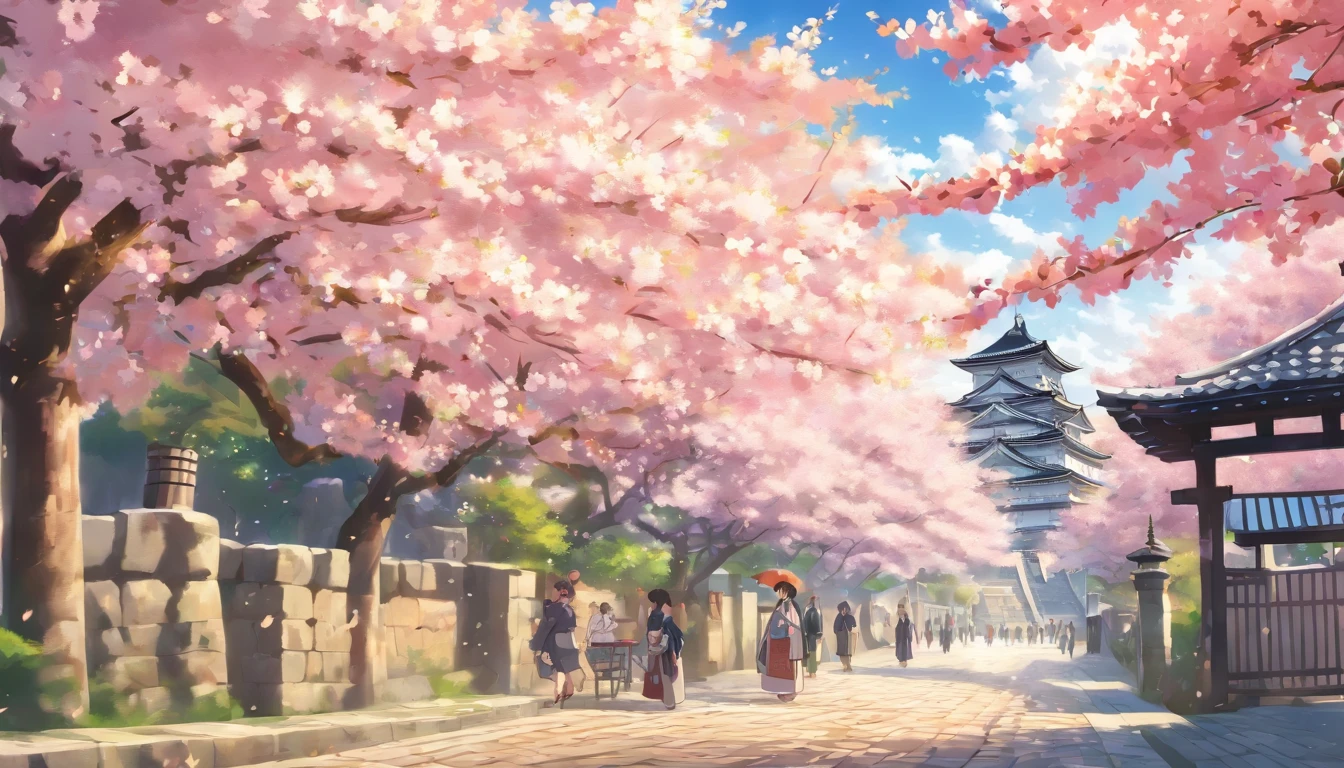 best quality, masterpiece, cherry blossom along the streets of himeji, himeji castle in the background
