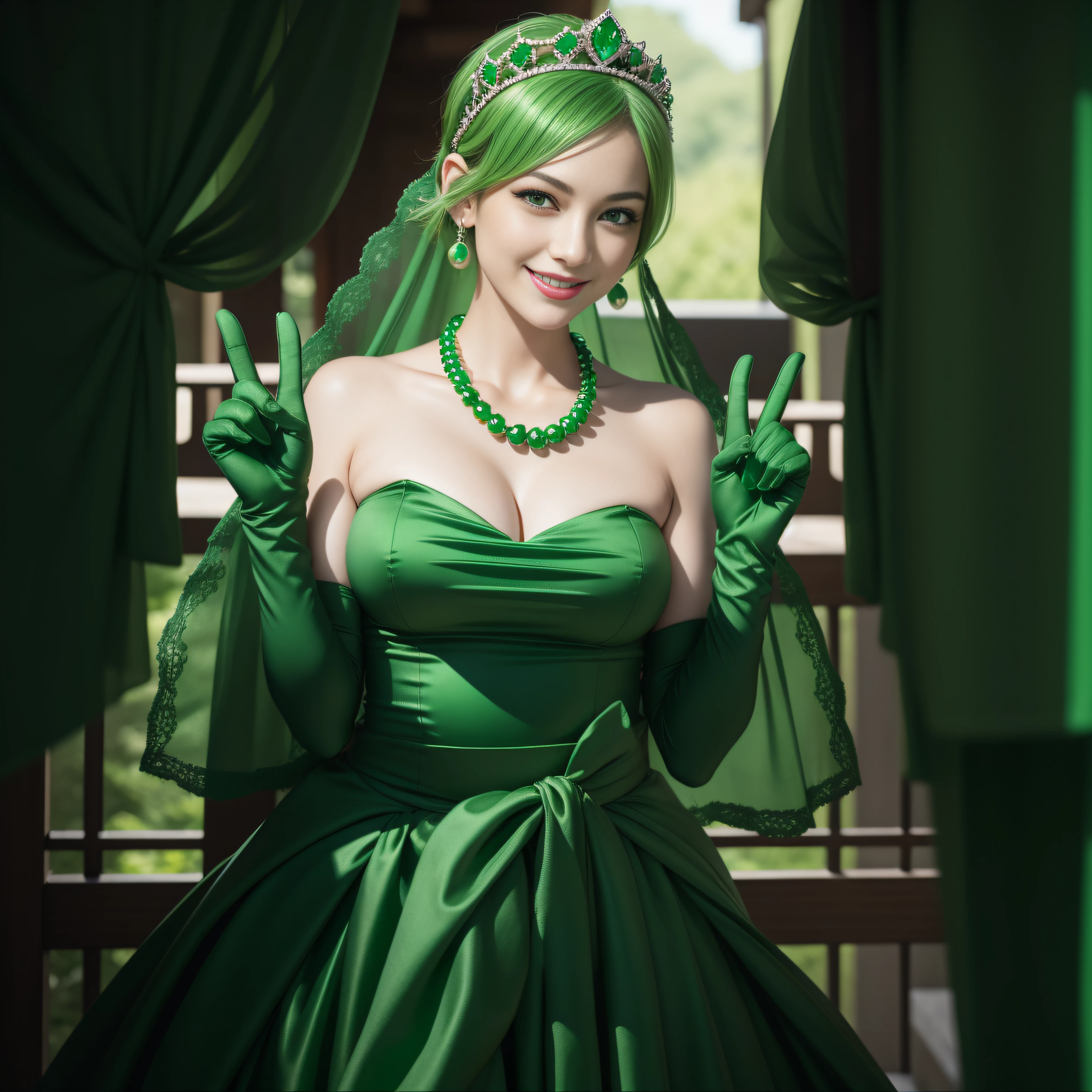 emerald tiara, Green Pearl Necklace, Boyish very short green hair, lipsticks, Japan woman smiling, very short short hair,  big breasts beautiful, Green eyes, Long green gloves made of satin material, Green eyes, Emerald Earrings, green vale, v sign, pregnant woman, Pregnancy