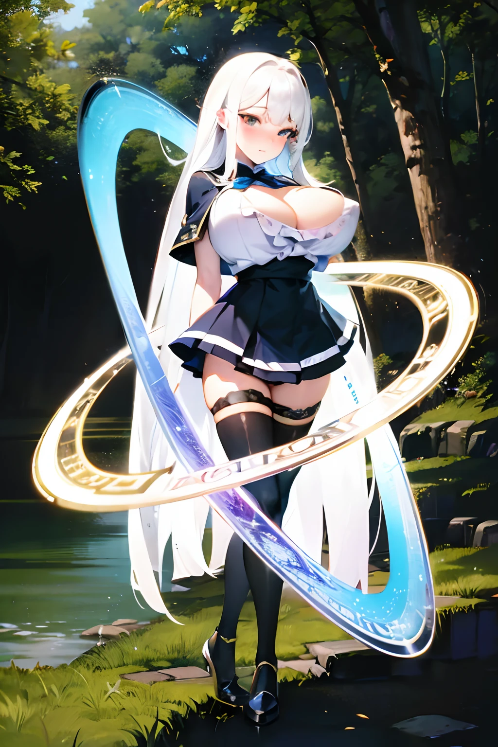 thin (cute  girl:1.2) standing in forest, childish, (disproportionately (perky gigantic breasts:1.3) despite little (cleavage:1.3), (frilled white shirts with open chest wide), BREAK, large cute eyes, loli face, BREAK, hining magic texts in shining magic circulars:1.2), BREAK, thin long legs, too thin waist, arms behind back, BREAK, (very long white straight hair:1.2), blunt bangs, BREAK, (long black thighhighs with white line), BREAK, short black capelet, short black high-waist skirt cinches waist tight, BREAK, looking at viewer, (nose blush:1.2), BREAK, masterpiece, best quality, ultra high resolution, ultra-detailed