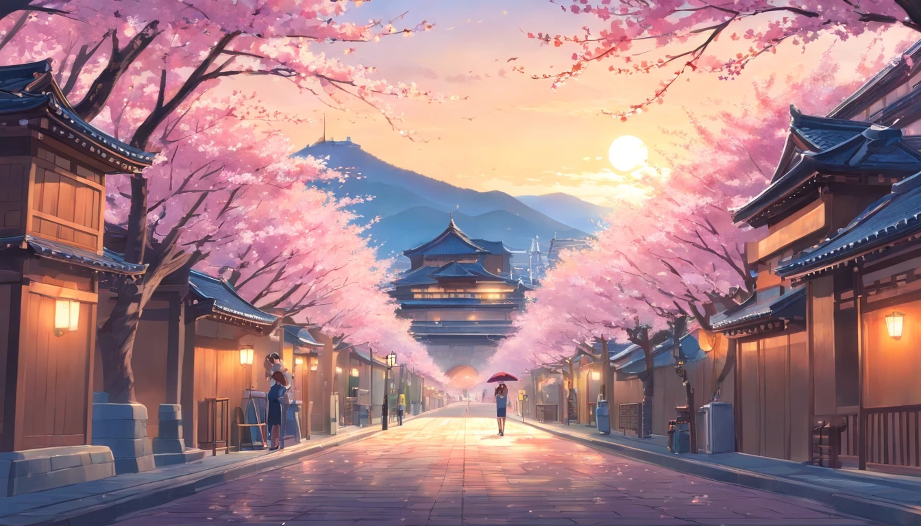 best quality, masterpiece, cherry blossom along the streets of himeji, himeji castle in the background