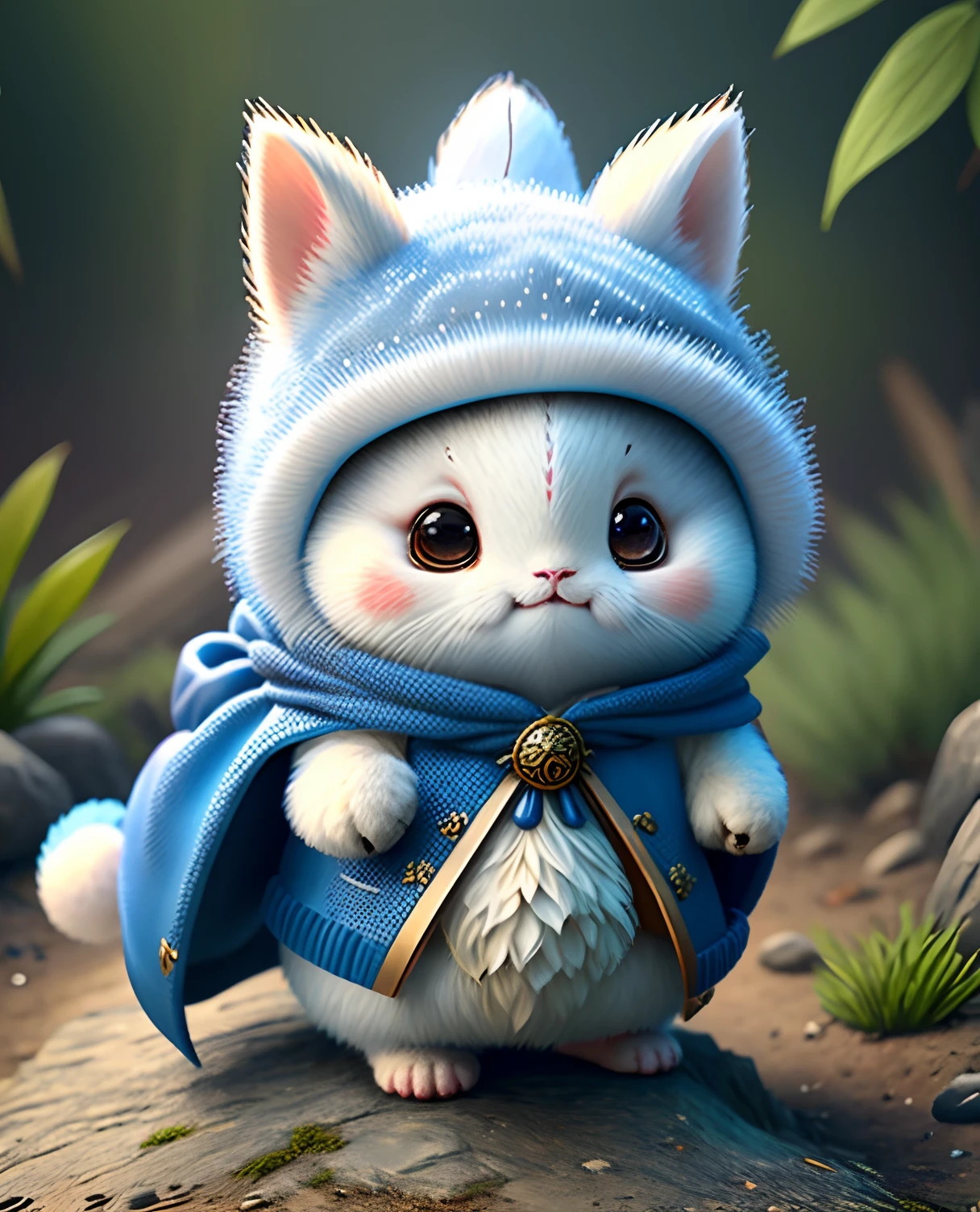 Top image quality、"Create a masterpiece of cute creatures. White Momonga、（Momonga the Wizard）, high detailing, in 8K、Top image quality、Dressed as a wizard、Magic wand in hand、Video Game Hero Costume、(((kawaii)))、