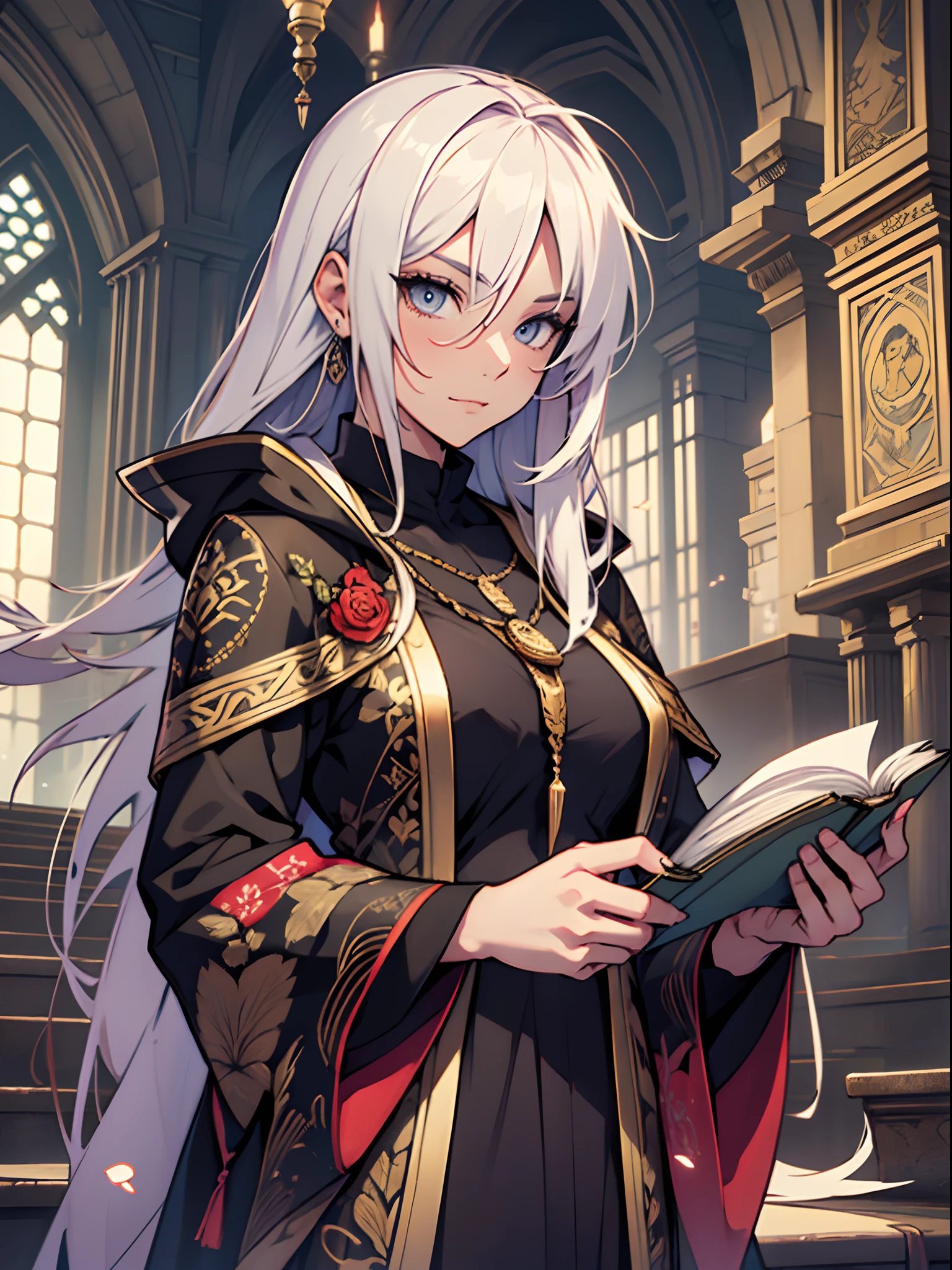 foreground(A female pastor,long slim figure,eyes with brightness,Hold a book,Game characters),Fortune telling screen 40%,Background with(Towering castle,yuki)