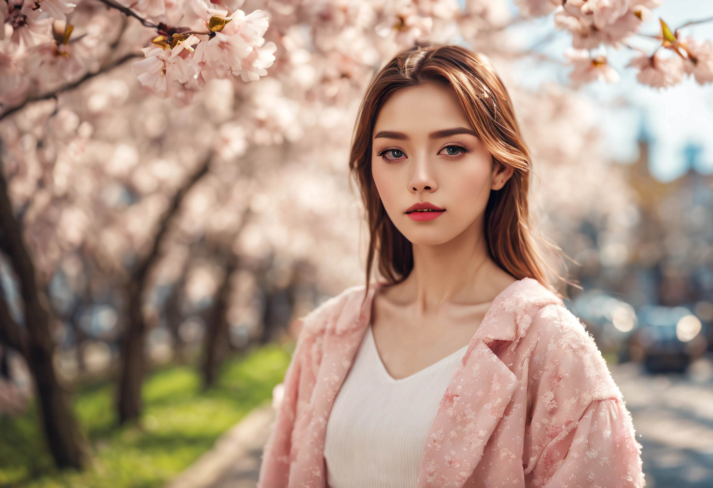 (best quality, 4k, 8k, high resolution, masterpiece: 1.2), ultra-detailed, (realistic, photorealistic, photorealistic: 1.37), professional, portrait, beautiful young woman, full body, cherry blossom, city street, light soft sun, delicate petals, vibrant colors, film grain, fashionable outfit, candid pose, artistic aesthetics, subtle bokeh, serene atmosphere.