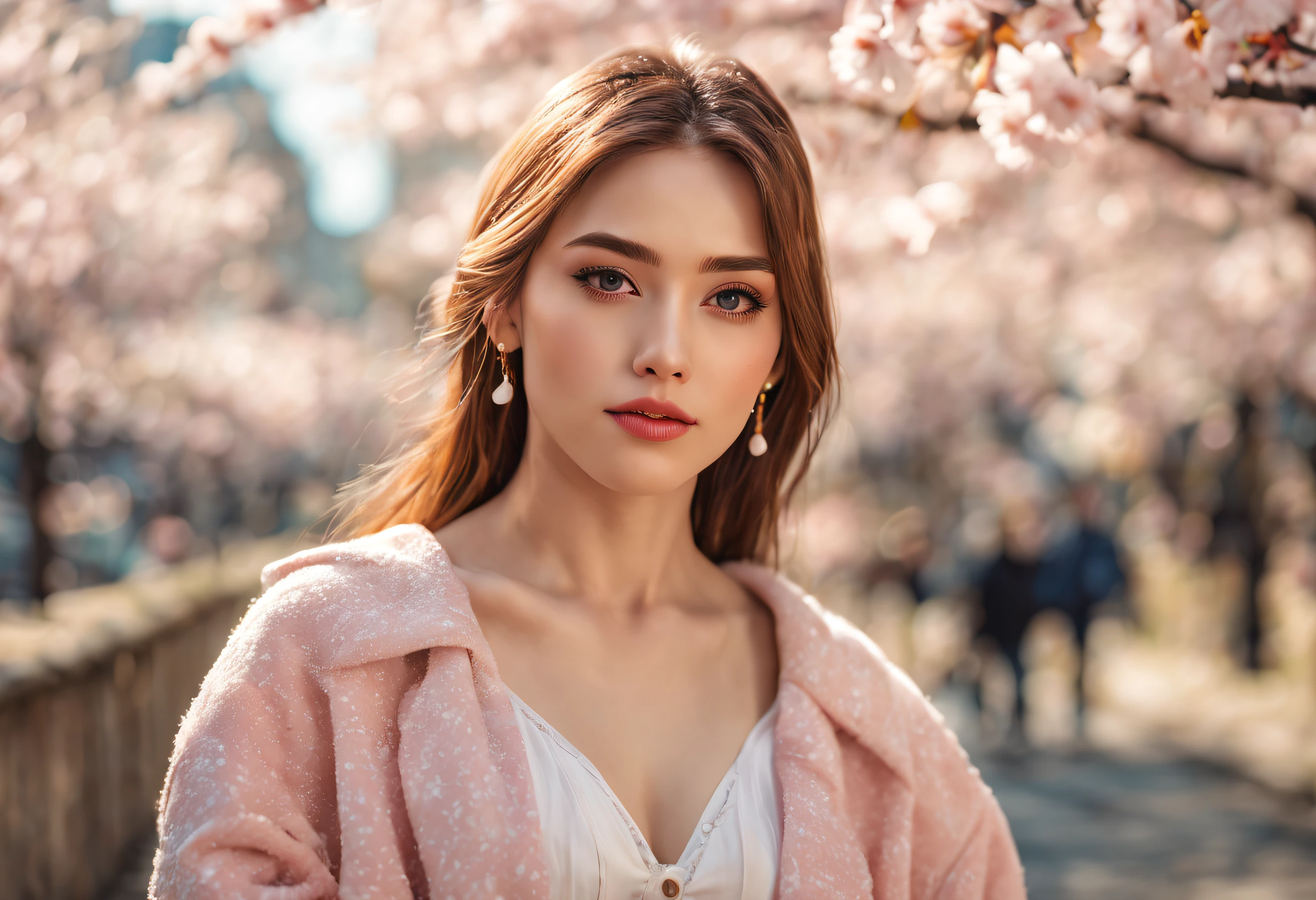 (best quality, 4k, 8k, high resolution, masterpiece: 1.2), ultra-detailed, (realistic, photorealistic, photorealistic: 1.37), professional, portrait, beautiful young woman, full body, cherry blossom, city street, light soft sun, delicate petals, vibrant colors, film grain, fashionable outfit, candid pose, artistic aesthetics, subtle bokeh, serene atmosphere.