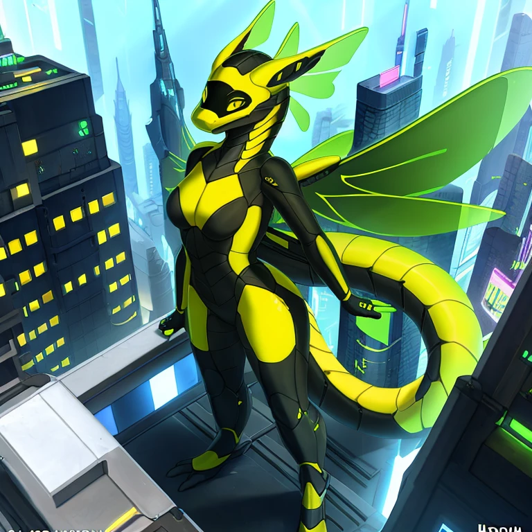 honovy hioshiru foxovh , synth, robot, scalie, female, slim curvy figure,streamlined body, seductive, smile, blushing,neon yellow eyes,standing at the edge,skyscraper rooftop, green and black detailed body panelling,cyber dragonfly wings, cyberpunk city,skyline,high angle shot