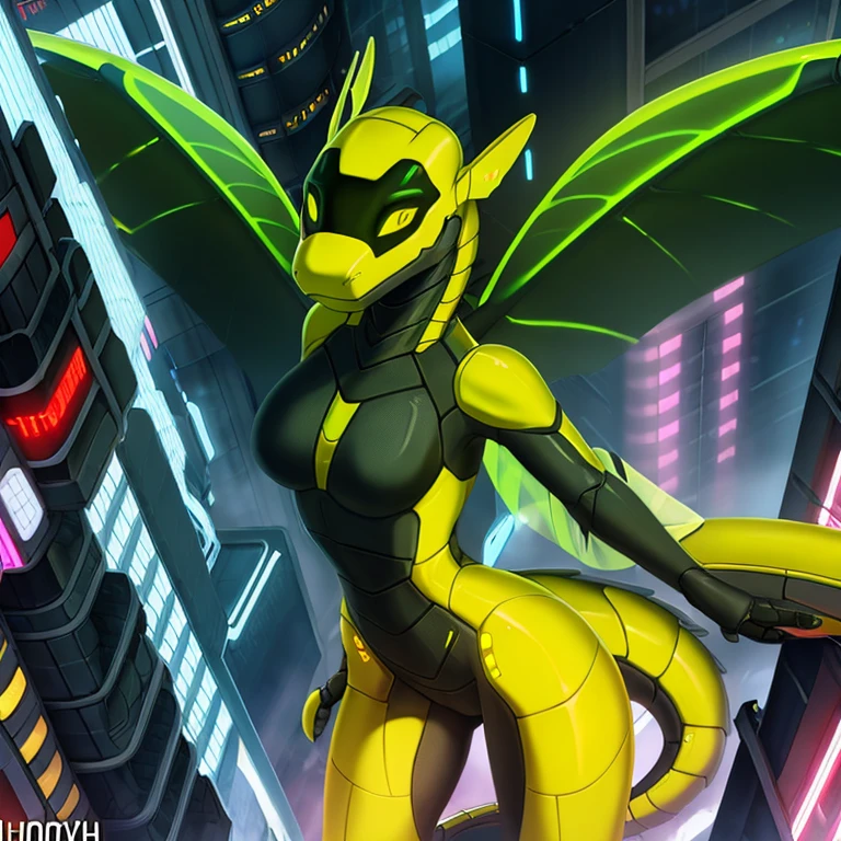 honovy hioshiru foxovh , synth, robot, scalie, female, slim curvy figure,streamlined body, seductive, smile, blushing,neon yellow eyes,standing at the edge,skyscraper rooftop, green and black detailed body panelling,cyber dragonfly wings, cyberpunk city,skyline,high angle shot