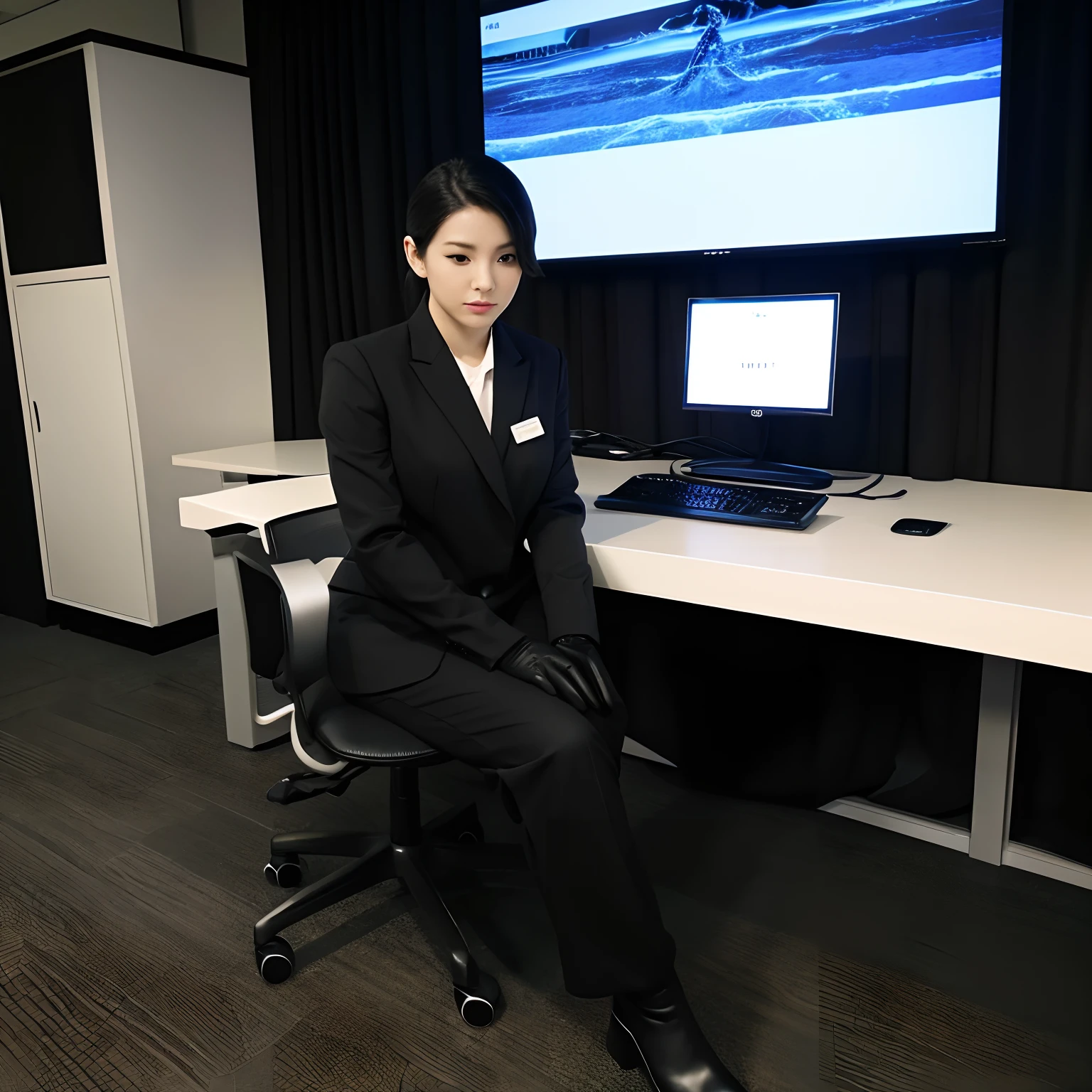Wearing a black business pantsuit、Office in the Dark、facing a desk、While looking at the screen, tap the keys on the keyboard of the black laptop with the fingertips of the black leather gloves、Sitting on a black leather chair、Black hair ponytail、New beautiful female employee in Japan、Black leather long boots