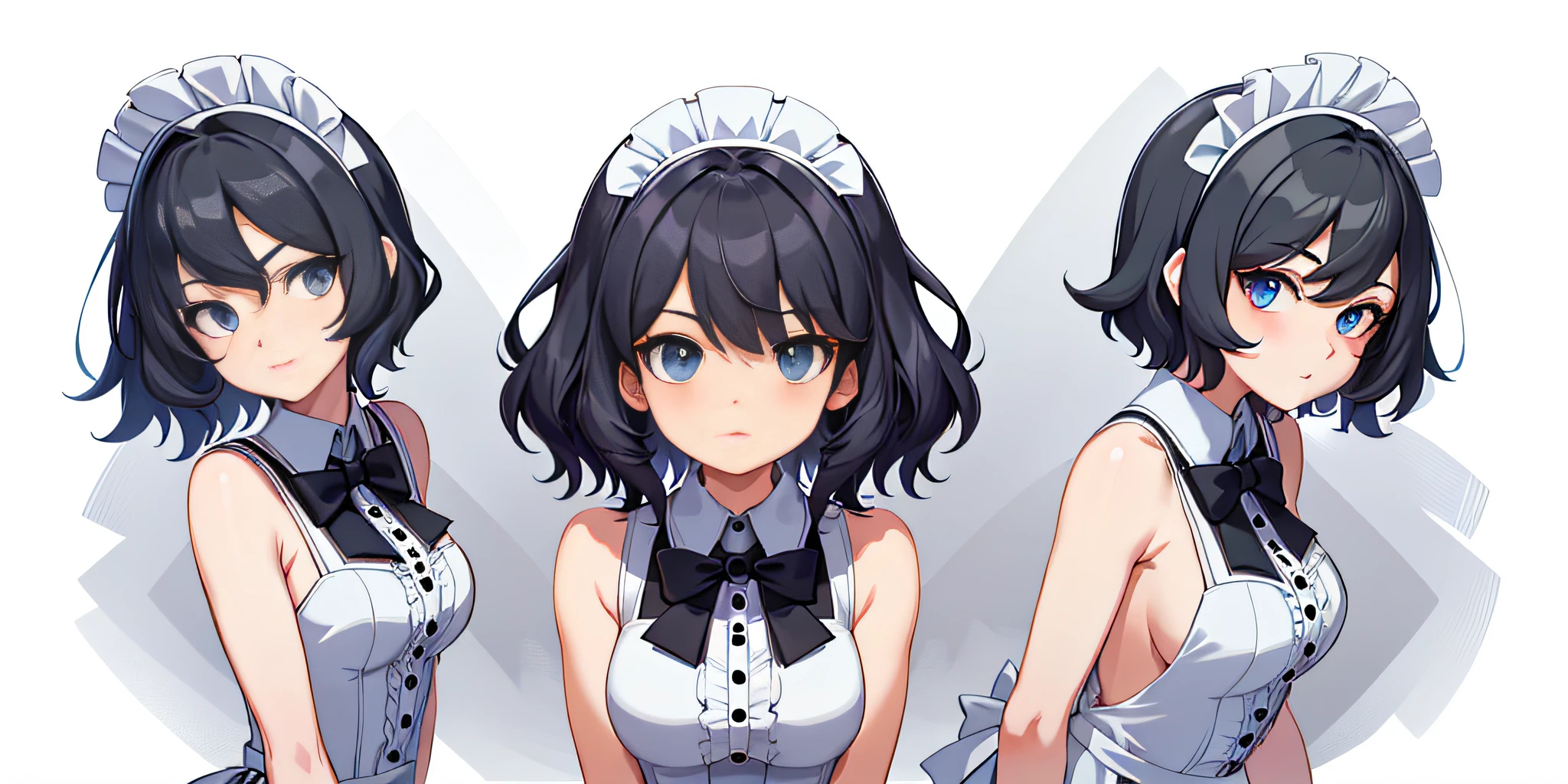 [(Clean white paper background:1.3)::10],charturnbetalora,Reference diagram,(character  design, Front, back, Side),(Black color hair),(blue color eyes),full bodyesbian, Maid outfit,nude