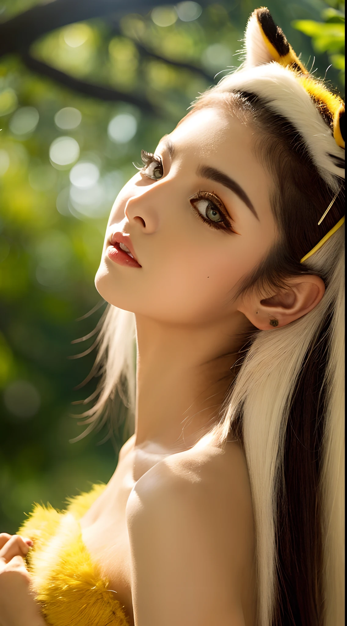 She is very beautiful because she is a tiger beastman、white and beautiful skin、Yellow eyes、Big eyes、Hairless labia、Tiger tail、