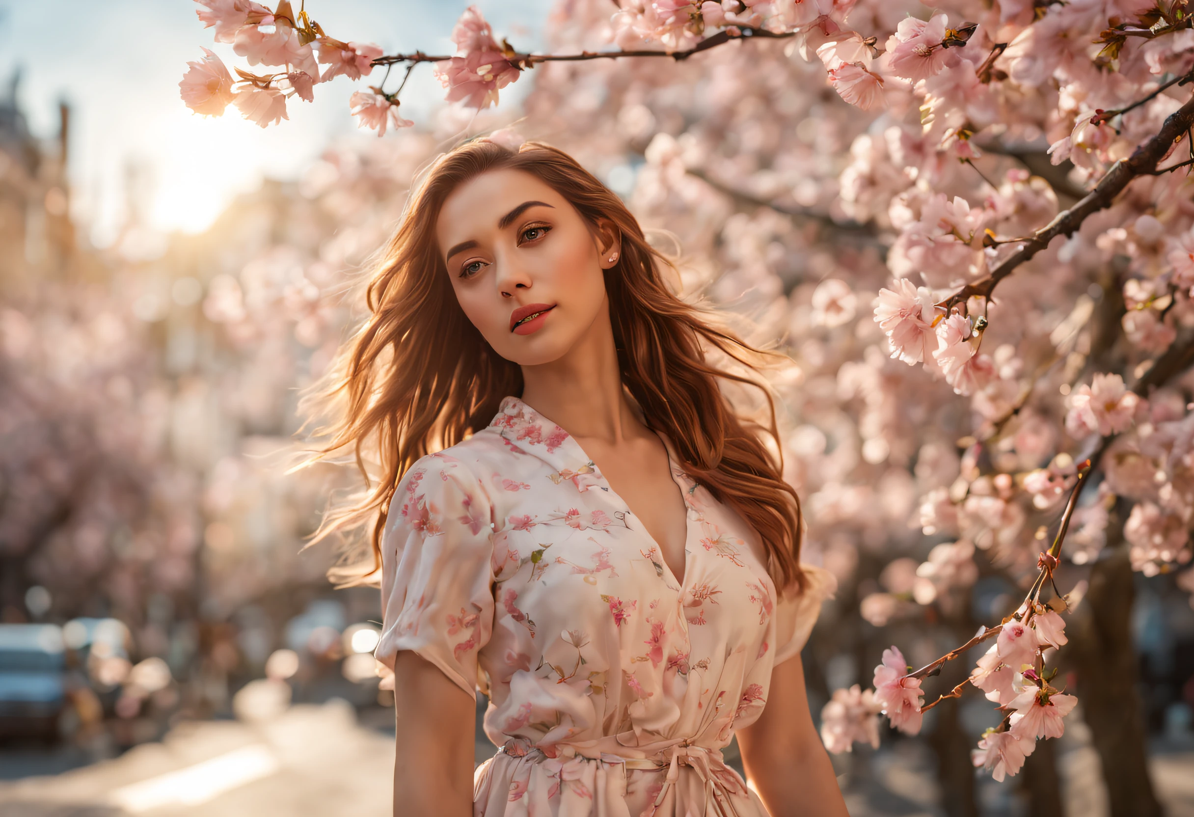 (best quality, 4k, 8k, high resolution, masterpiece: 1.2), ultra-detailed, (realistic, photorealistic, photorealistic: 1.37), professional, portrait, beautiful young woman, full body, cherry blossom, city street, light soft sun, delicate petals, vibrant colors, film grain, fashionable outfit, candid pose, artistic aesthetics, subtle bokeh, serene atmosphere.