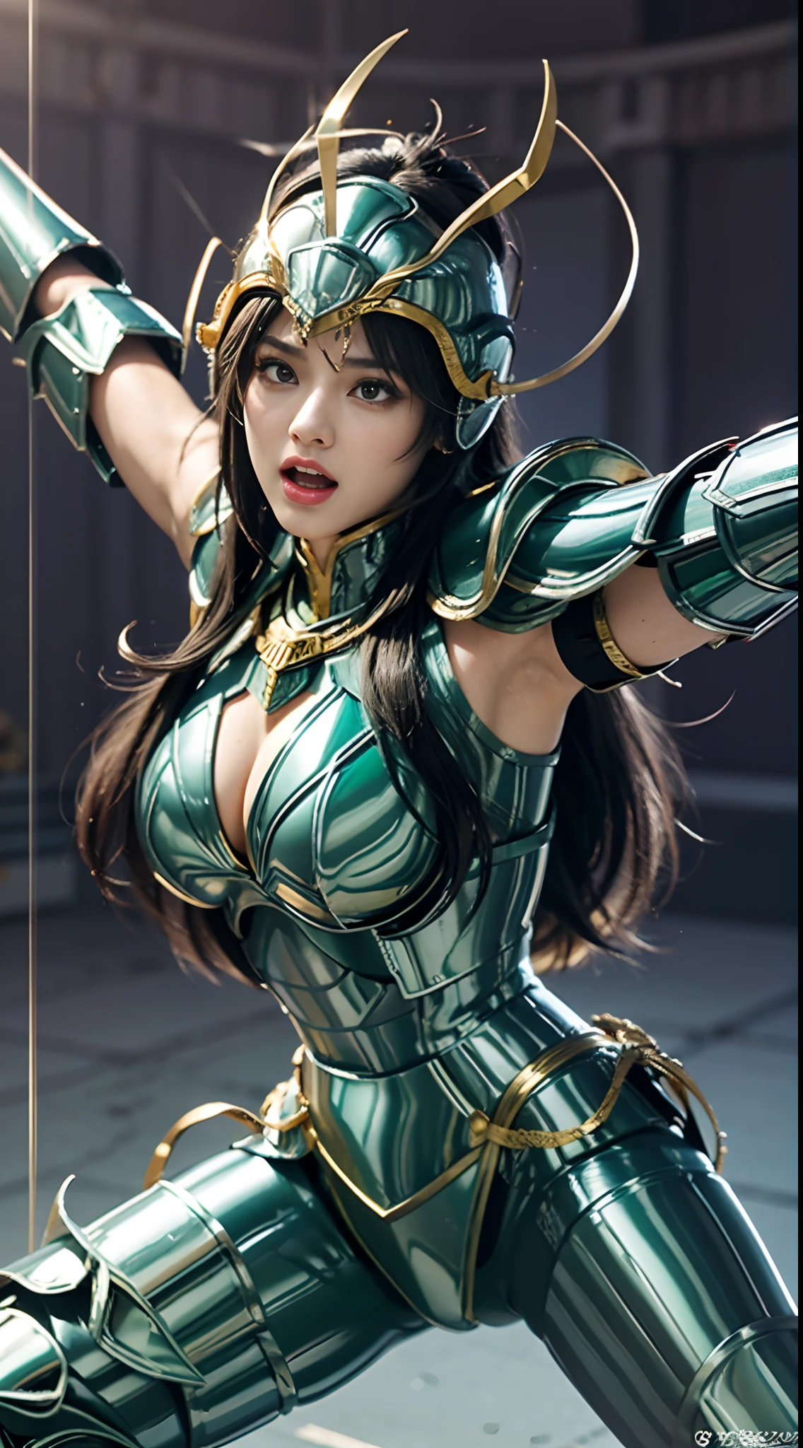 In the martial arts arena of the Colosseum in Greece、Martial Arts Tournaments、Saint Seiya、Beautiful One Girl、huge-breasted、cleavage of the breast、beauty legs、(((He wears futuristic combat armor that shines in metallic green)))、((Metal Armor))、Dragon's Helmet、((Scream))、((exclamation))、((fighting poses))、8k, top-quality, （pubic hair beauty）、hight resolution, 逼真, realperson,