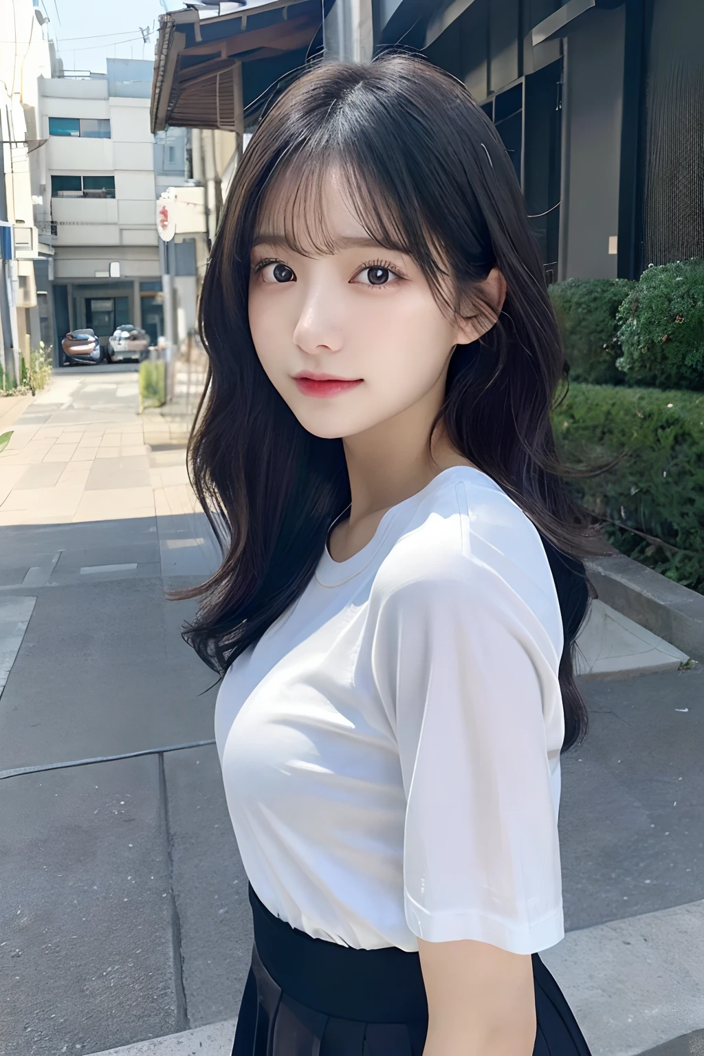 (8k, best quality, masterpiece, ultra highres:1.2) Photo of Pretty Japanese woman beautiful, beautiful enchanting fashion contemporary painting with a, looking at the viewer, ((sunset background)), (1girl), (white shirt short sleeves), ((black pencil skirt)), belt, ((hand down)),black hair, medium hair, high angle photo of a gorgeous woman, realistic skin texture, looks up, (nudity), round chin, 85 mm art lens, f 1. 2, sharp focus, 8 k high definition, insanely detailed, intricate, elegant, large breasts, dynamic pose, large breasts,