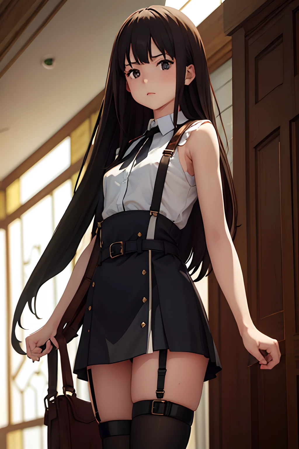 ​masterpiece、flat-colors、depth of fields、lens flare 1 girl、、Brown hair、watching at viewers　　　black suspenders　　　large full breasts　　　 　 Armpit sweat　perspiring　Side of both hands　　walls: 　Black miniskirt　garters　　　　　　Gaze　　　Small face　Bangs Upper Eyes　flank　　　　holster　　Belt Armament　Beautuful Women　srestrained　Hands behind your back　bet