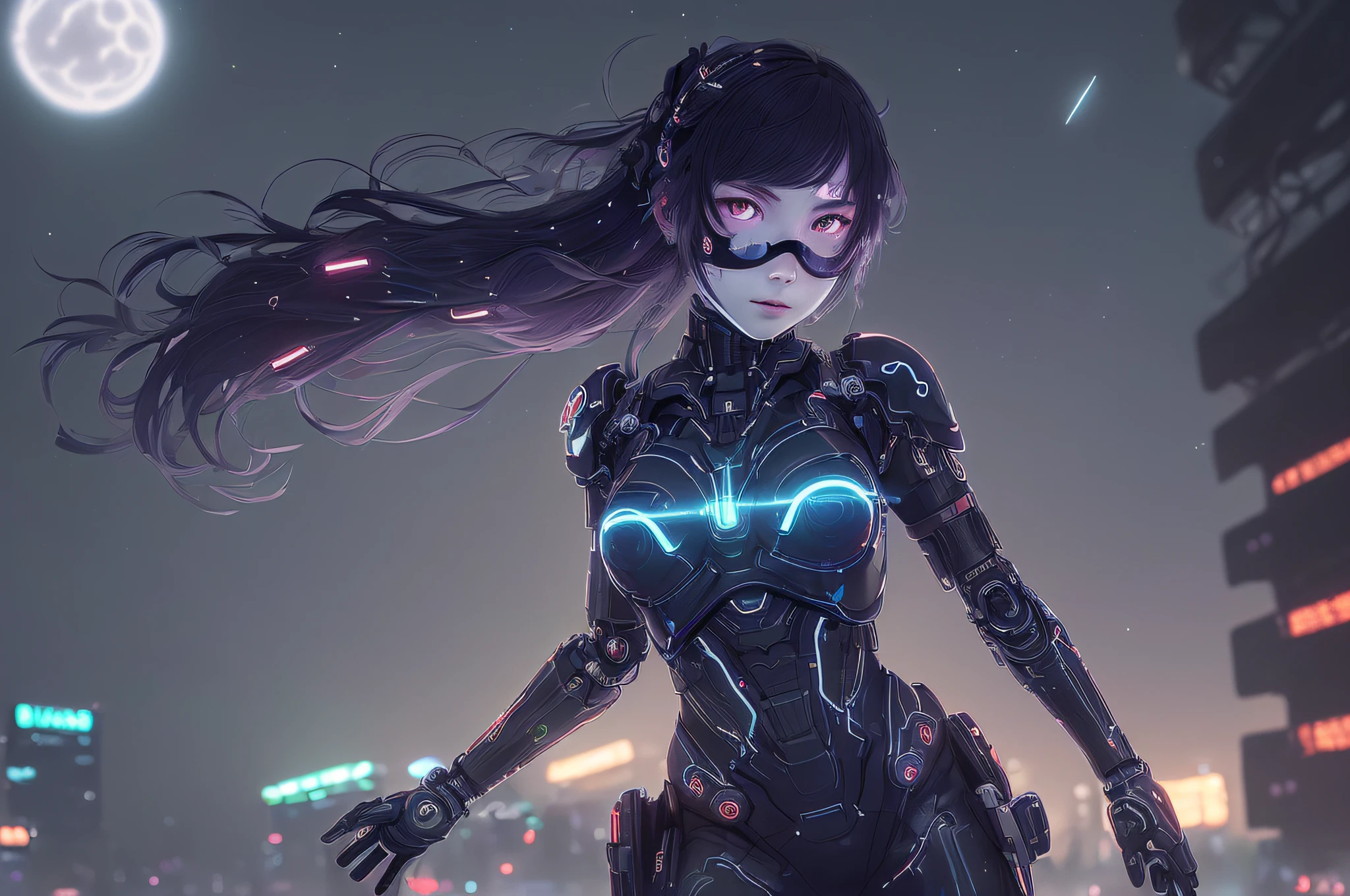 photo, high quality, (close-up shot of 1girl), to8contrast style,mechanical arms, cyborg, slime colored skin, liquid slime skin, arms up, face mask, slime girl, red eyes,(((alone in the darkness, night tokyo background, unlit, hard shadows, deep contrast))), pantyhose, blue lights, modelshoot style, small breasts,(extremely detailed CG unity 8k wallpaper), full body,  most beautiful artwork in the world, trending on ArtStation, trending on CGSociety, Intricate, High Detail, Sharp focus, dramatic, night starry sky, photorealistic painting art by midjourney and ilya kuvshinov,