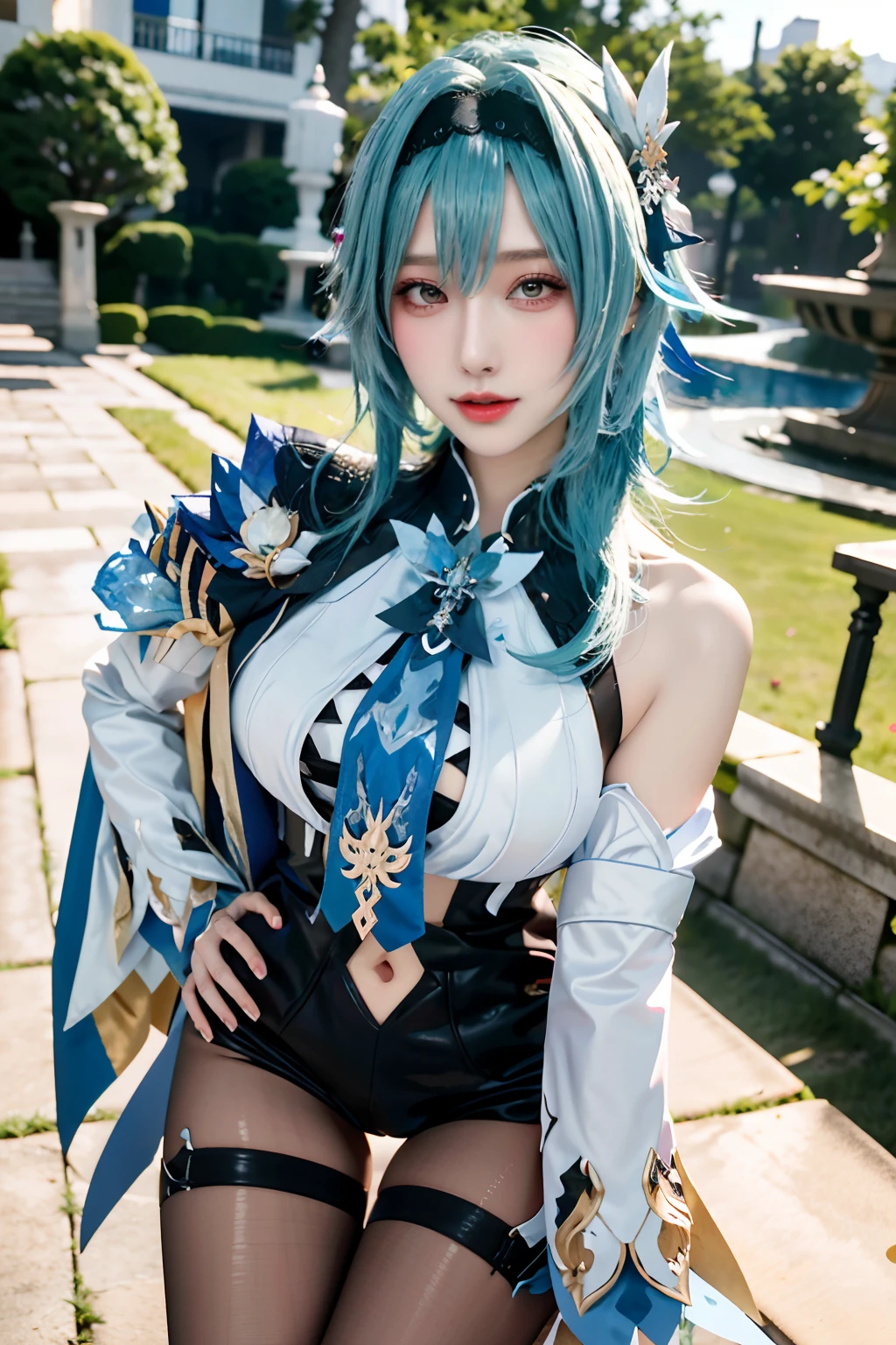 Beauty of a goddess, slim face, light smile, beautiful wan, 1girl, solo, (masterpiece:1.2), best quality, eula, genshin, high detailed, 8K resolution, looking at viewers, eula from genshin impact, outdoor, blue hair, hair ornaments, eula cosplay outfit