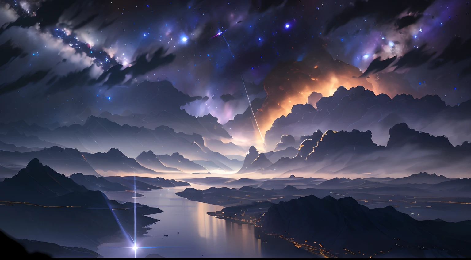 starrysky,In the foreground are lakes and mountains, 4k highly detailed digital art, Magnificent background, Atmospheric fantasy sky, galactic landscape, Beautiful art UHD 4 K, 8K stunning artwork, 4K HD wallpapers very detailed, Amazing wallpapers, Sci-fi fantasy wallpaper, view of the cosmos, epic stunning atmosphere, dream like atmosphere 8k