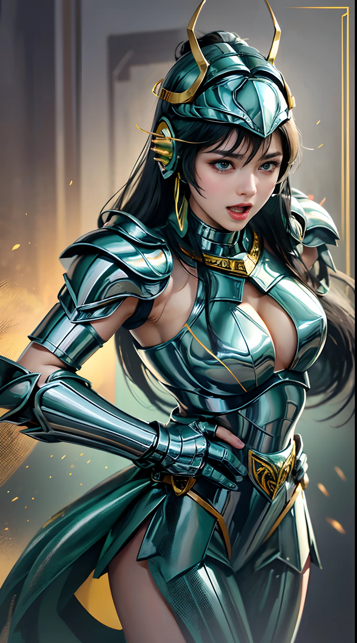 In the martial arts arena of the Colosseum in Greece、Martial Arts Tournaments、Saint Seiya、Beautiful One Girl、huge-breasted、cleavage of the breast、beauty legs、(((He wears futuristic combat armor that shines in metallic green)))、((Metal Armor))、Dragon's Helmet、((Scream))、((exclamation))、((fighting poses))、8k, top-quality, （pubic hair beauty）、hight resolution, 逼真, realperson,