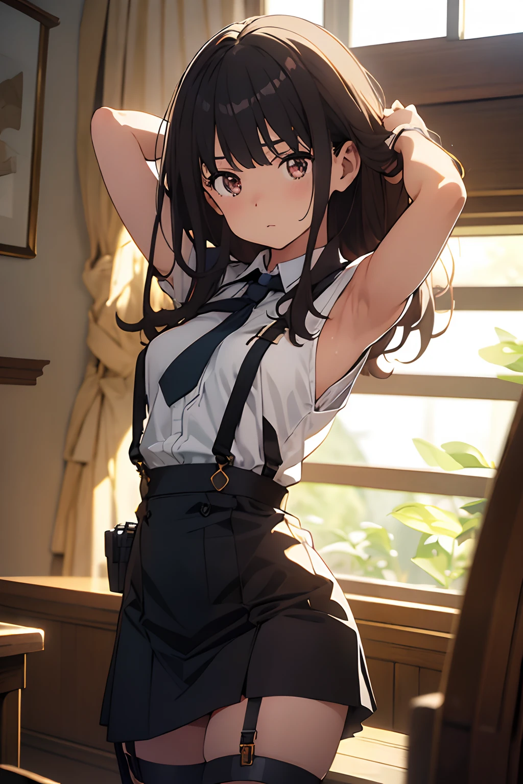 ​masterpiece、flat-colors、depth of fields、lens flare 1 girl、、Brown hair、watching at viewers　　　black suspenders　　　large full breasts　　　 　 Armpit sweat　perspiring　Side of both hands　　walls: 　Black miniskirt　garters　　　　　　Gaze　　　Small face　Bangs Upper Eyes　flank　　　　holster　　Belt Armament　Beautuful Women　srestrained　Hands behind your back　bet