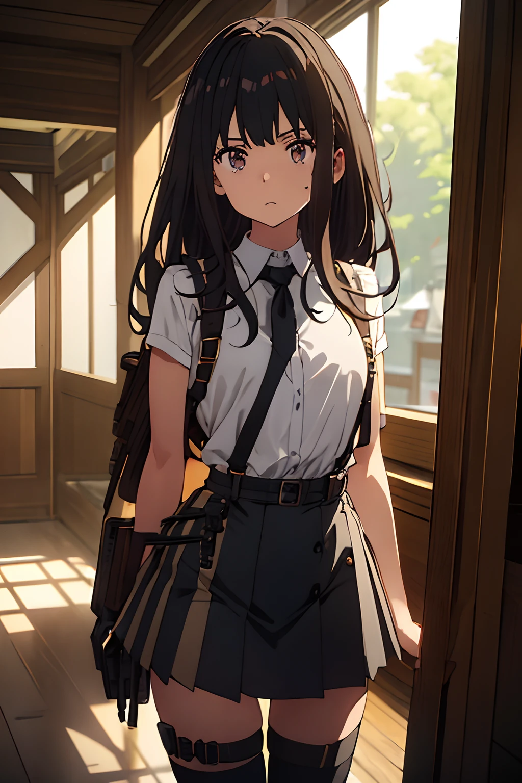 masterpiece、flat-colors、depth of fields、lens flare 1 girl、、Brown hair、watching at viewers black suspenders large full breasts Armpit sweat perspiring Side of both hands walls: Black miniskirt garters Gaze Small face Bangs Upper Eyes flank holster Belt Armament Beautuful Women srestrained Hands behind your back bet